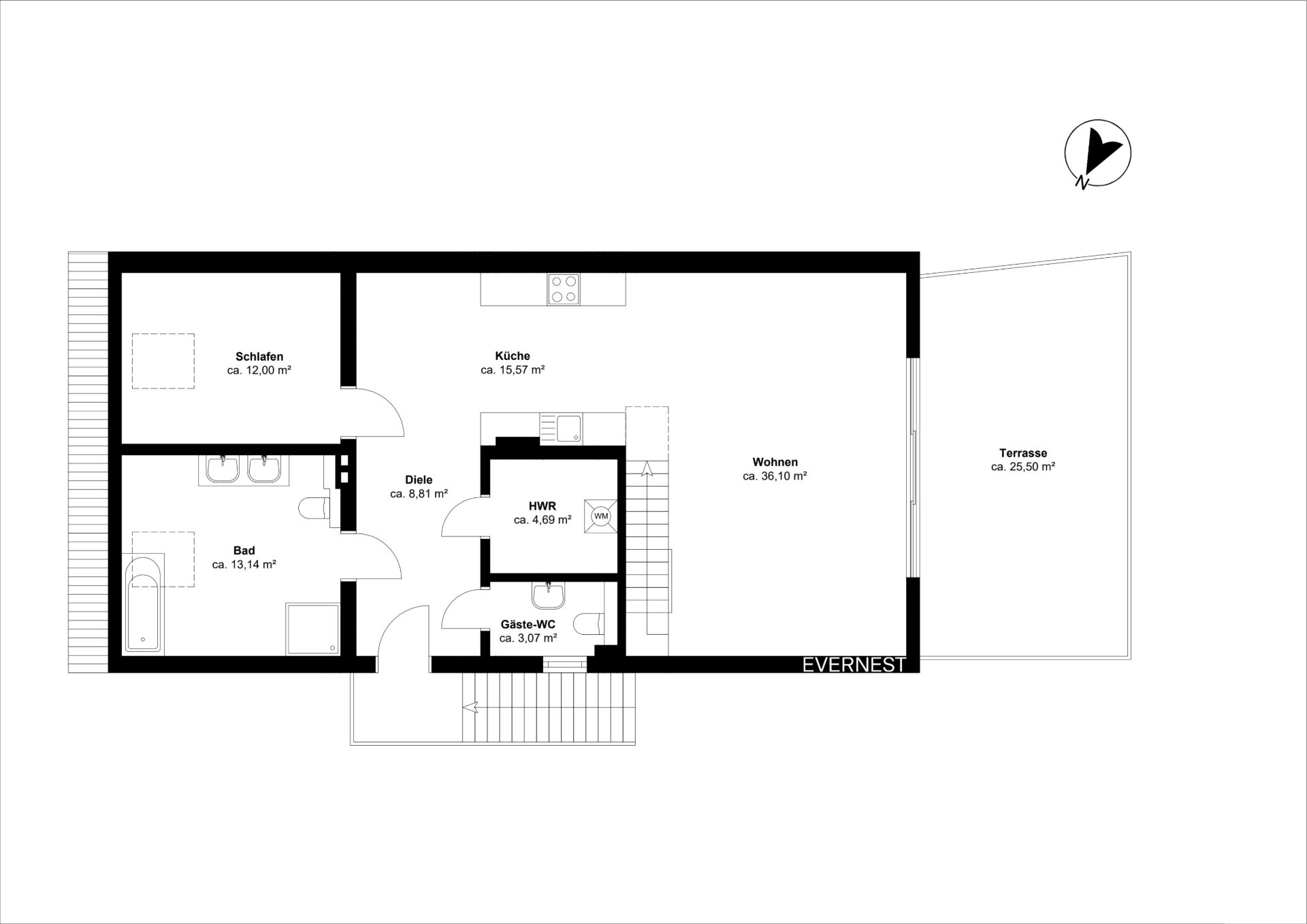 Grundriss einer Wohnung mit Schlafzimmer, Bad, Küche, Wohnzimmer, Gäste-WC und Terrasse.