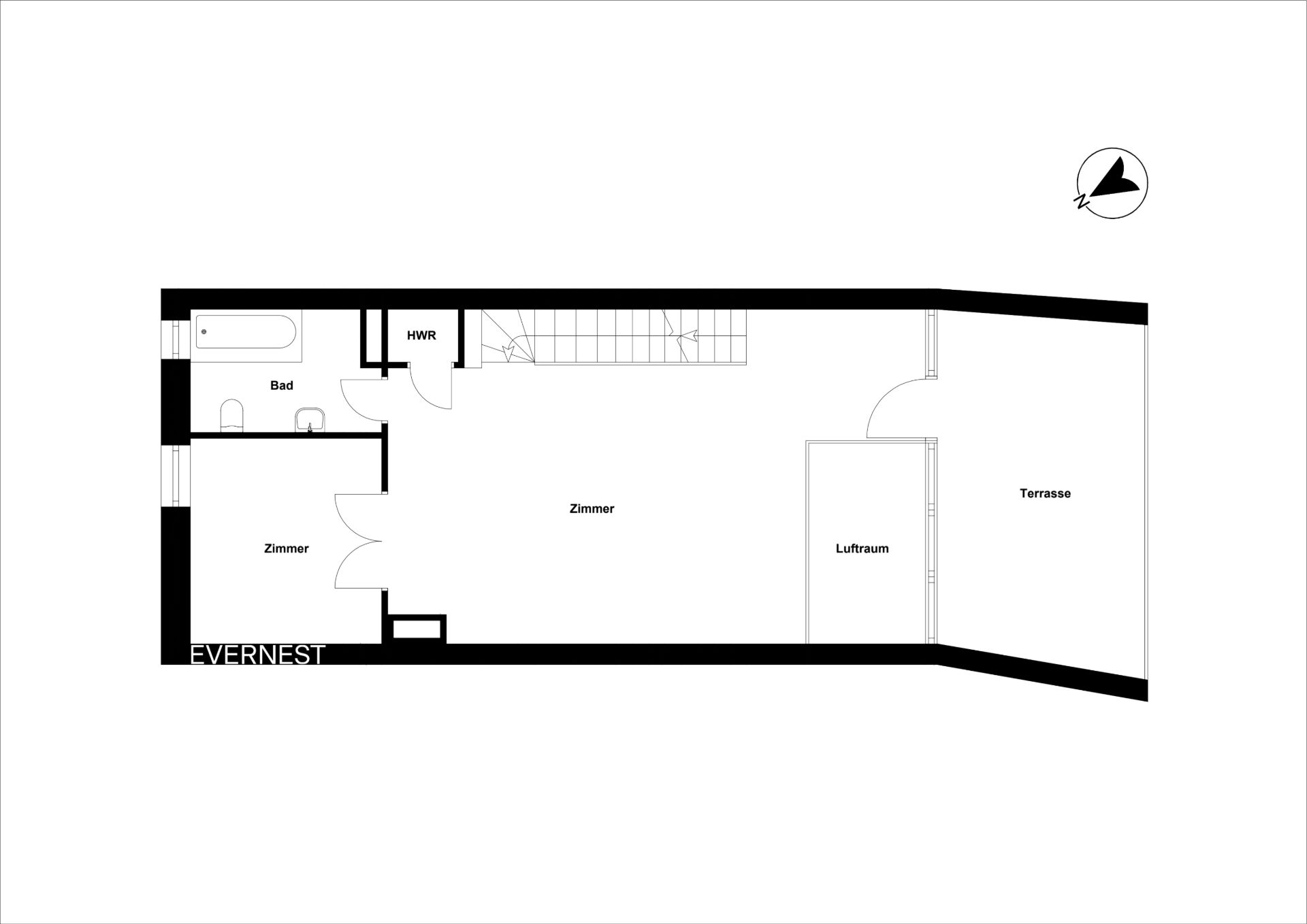 Grundriss mit einem Zimmer, Bad, HWR, großem Zimmer, Luftraum und Terrasse.