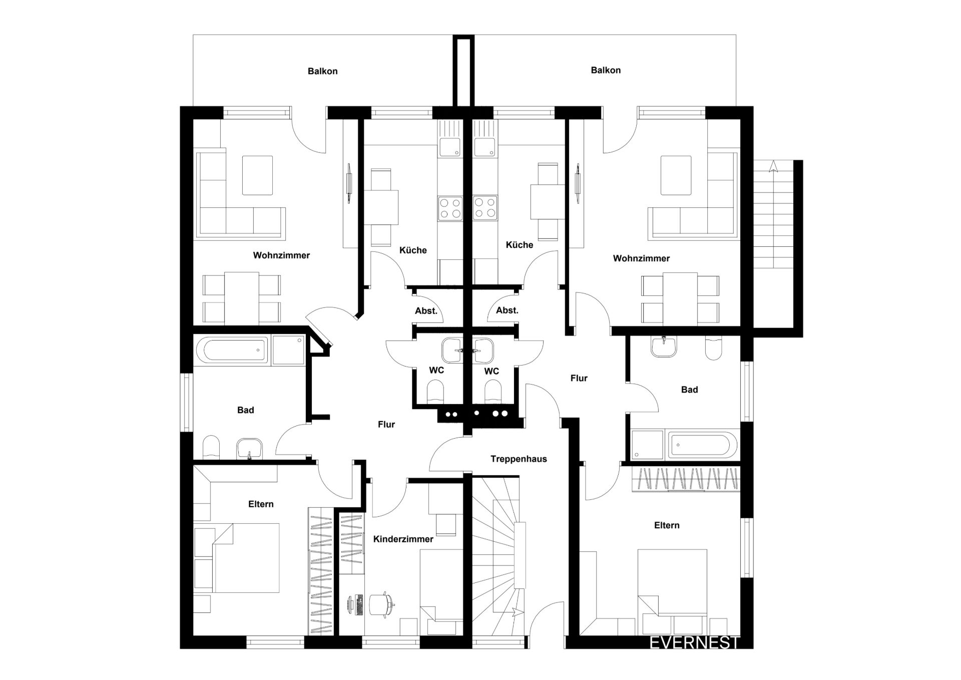 Grundriss einer Wohnung mit Wohnzimmer, Küche, Bad, Eltern- und Kinderzimmer, Balkon, WC und Treppenhaus.