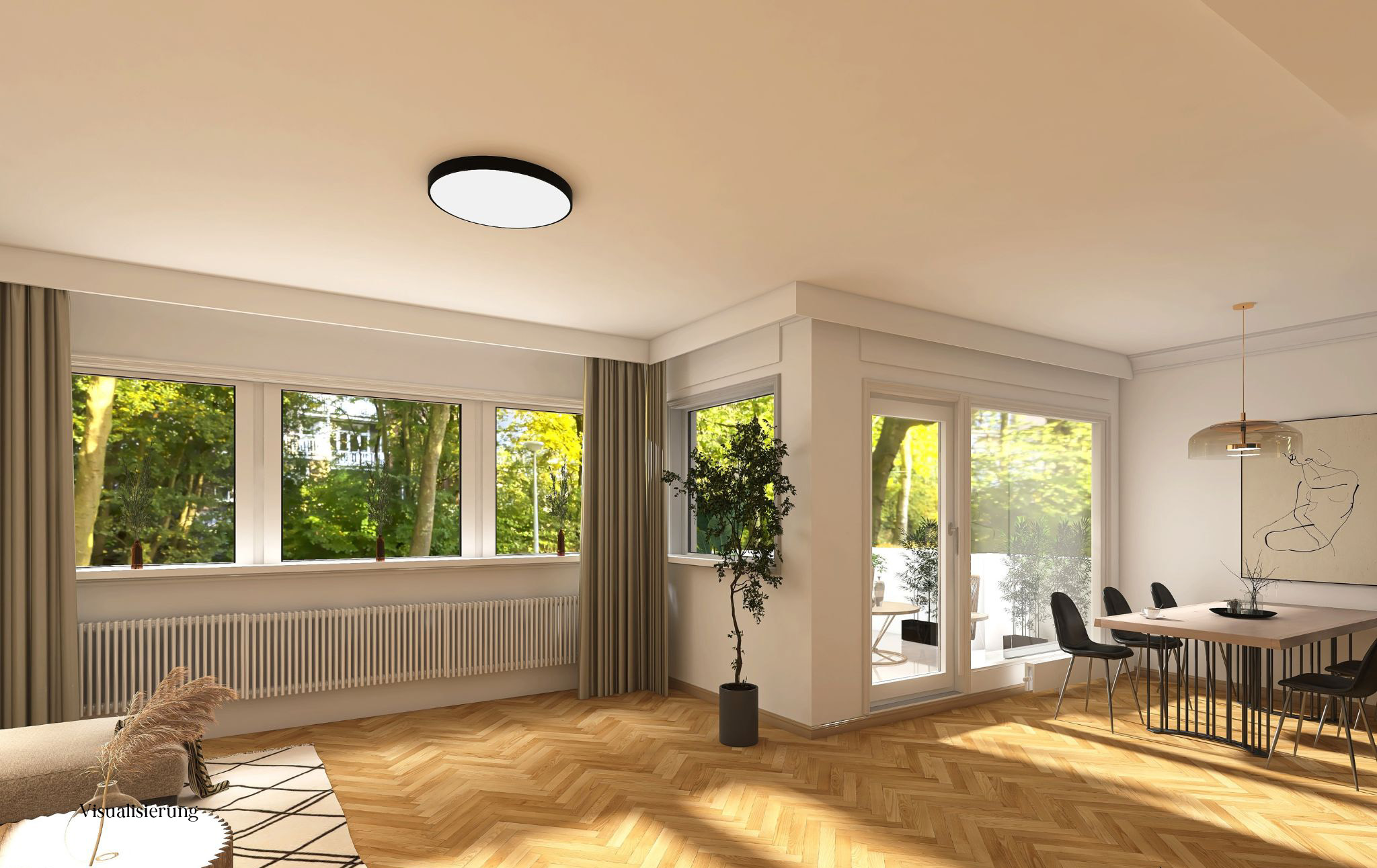 Helles Wohnzimmer mit Parkettboden, großen Fenstern, Esstisch und Pflanzen.