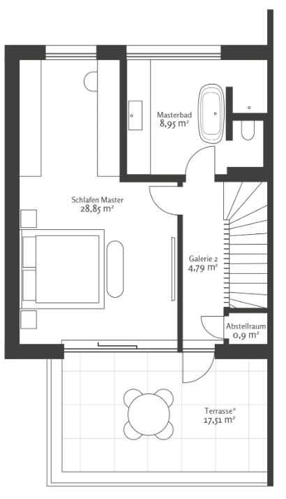 Grundriss mit Schlafzimmer, Bad, Abstellraum, Galerie und Terrasse.