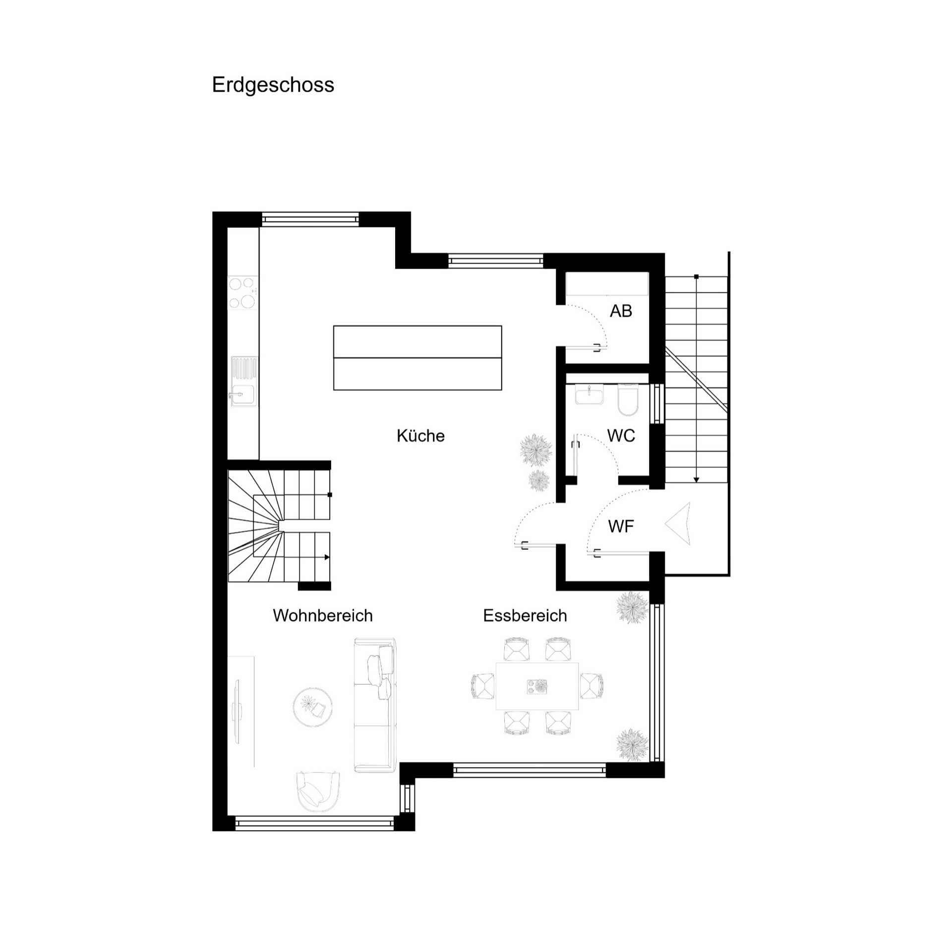 Grundriss des Erdgeschosses mit Küche, Wohnbereich, Essbereich, WC und Abstellraum.