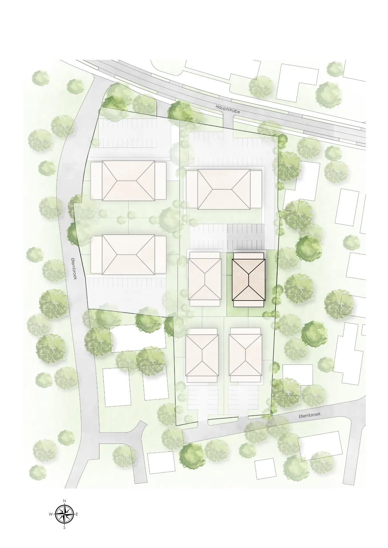 Lageplan mit mehreren Gebäuden, Parkplätzen und Bäumen in einem Wohngebiet.