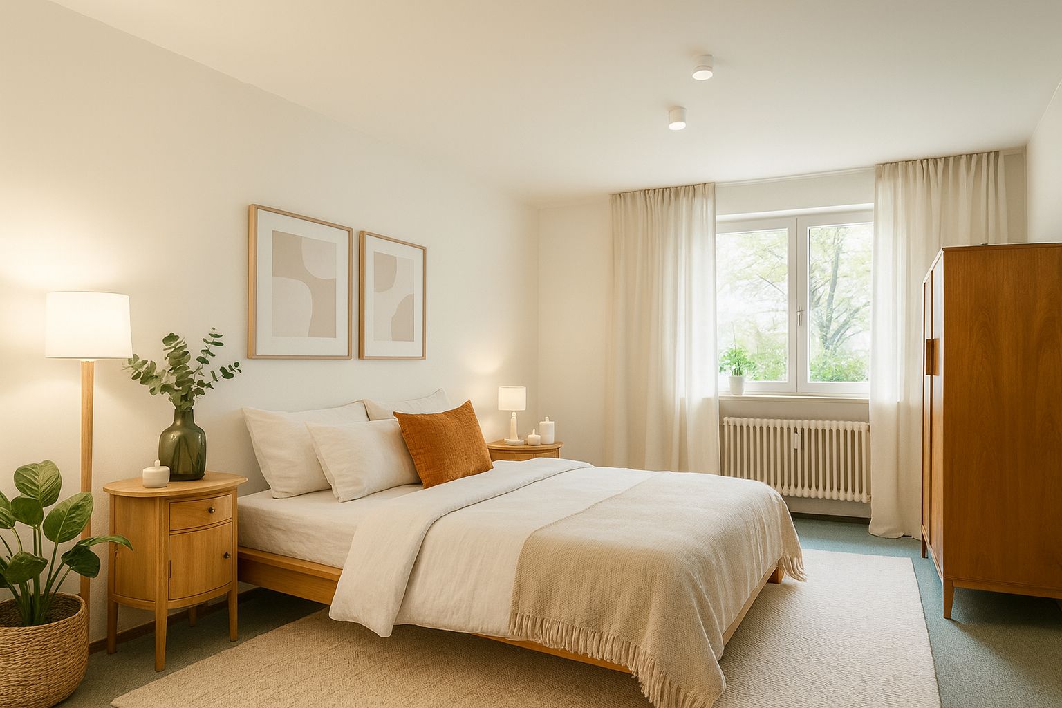 Helles Schlafzimmer mit Doppelbett, Nachttischen, Schrank und großen Fenstern mit Vorhängen.