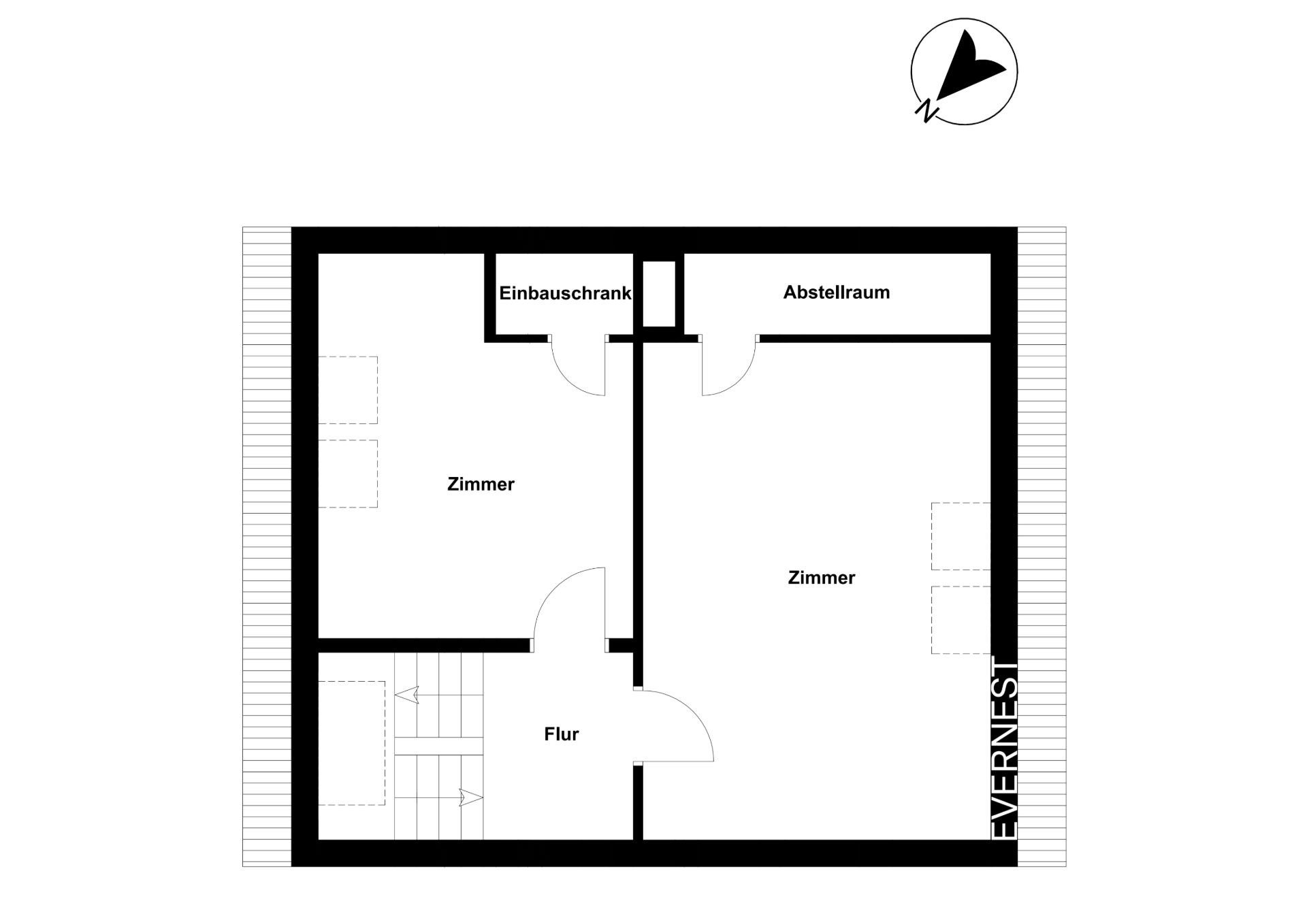 Grundriss mit zwei Zimmern, Flur, Abstellraum und Einbauschrank.
