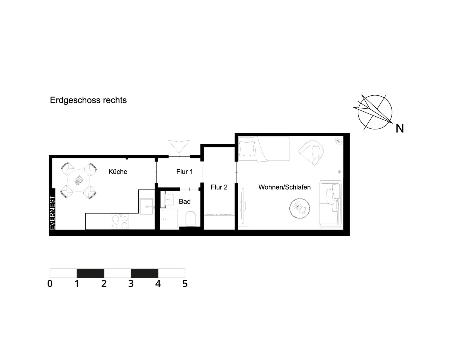 Grundriss einer Wohnung mit Küche, Bad, Flur und Wohn-/Schlafbereich.