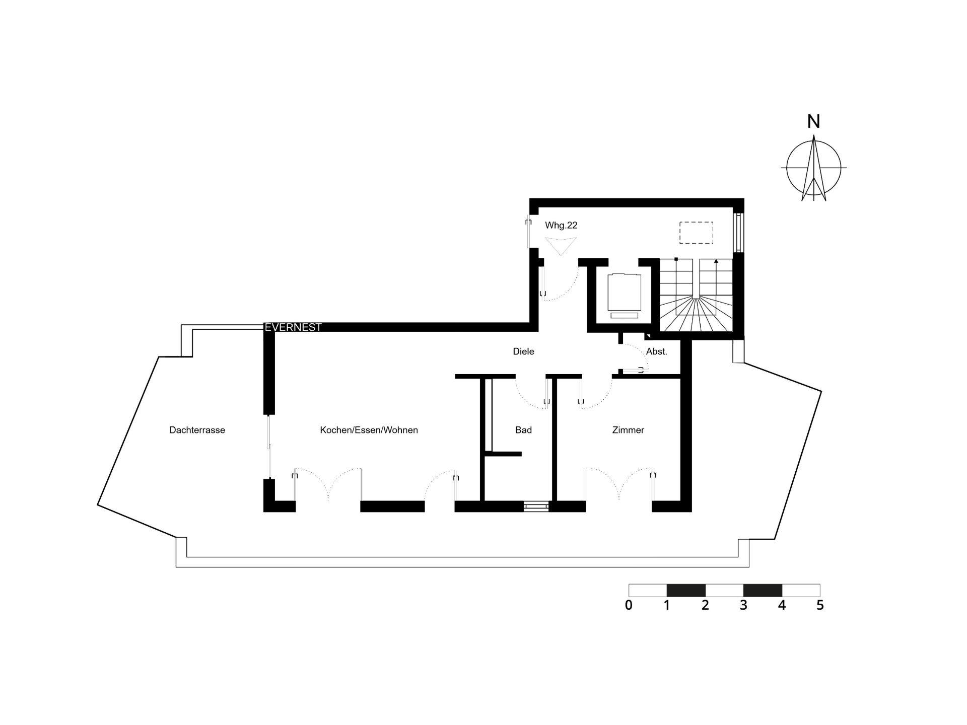 Grundriss einer Wohnung mit Dachterrasse, Wohnbereich, Bad und Zimmer.