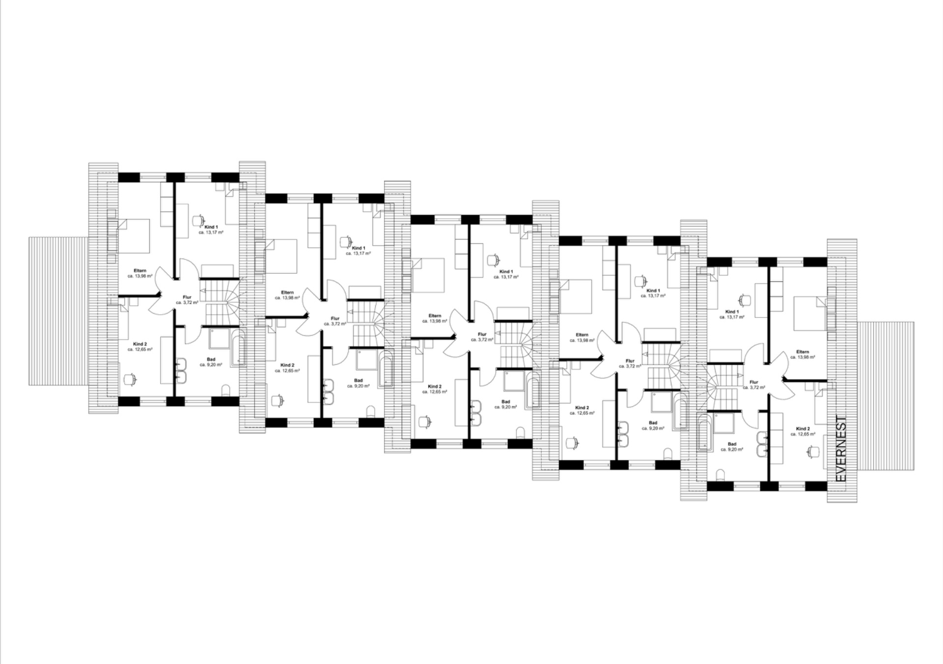 Bodenplan mit mehreren identischen Wohneinheiten, jeweils mit Zimmern, Bad und Flur.