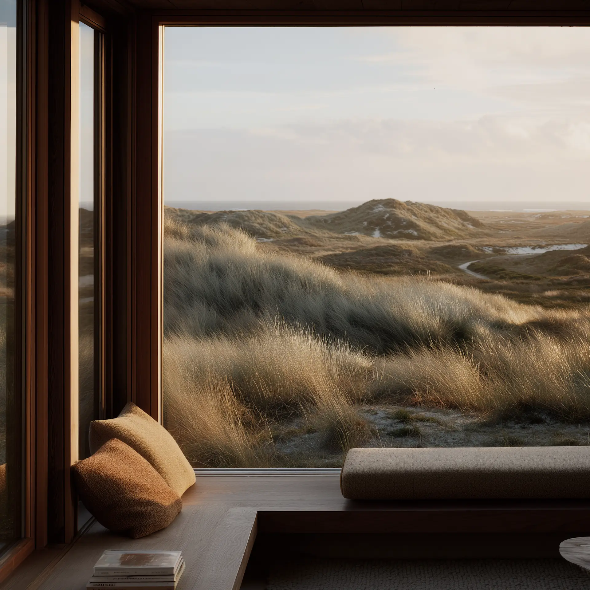Große Fenster mit Blick auf Dünenlandschaft, Sitzbank mit Kissen und Bücher auf Holzbank.