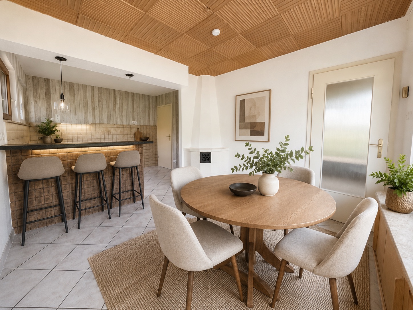 Heller Essbereich mit rundem Holztisch, vier Stühlen und angrenzender Küche mit Bartresen.