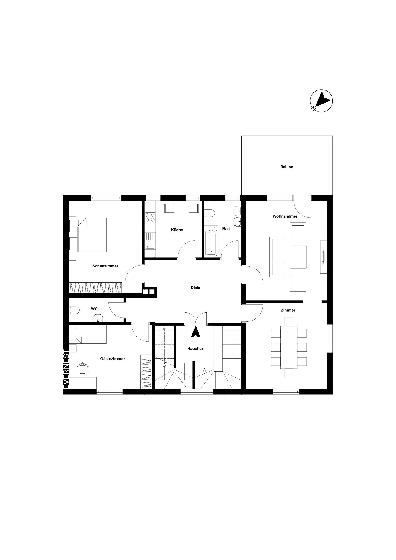 Grundriss einer Wohnung mit Schlafzimmer, Küche, Bad, Wohnzimmer, Gästezimmer und Balkon.