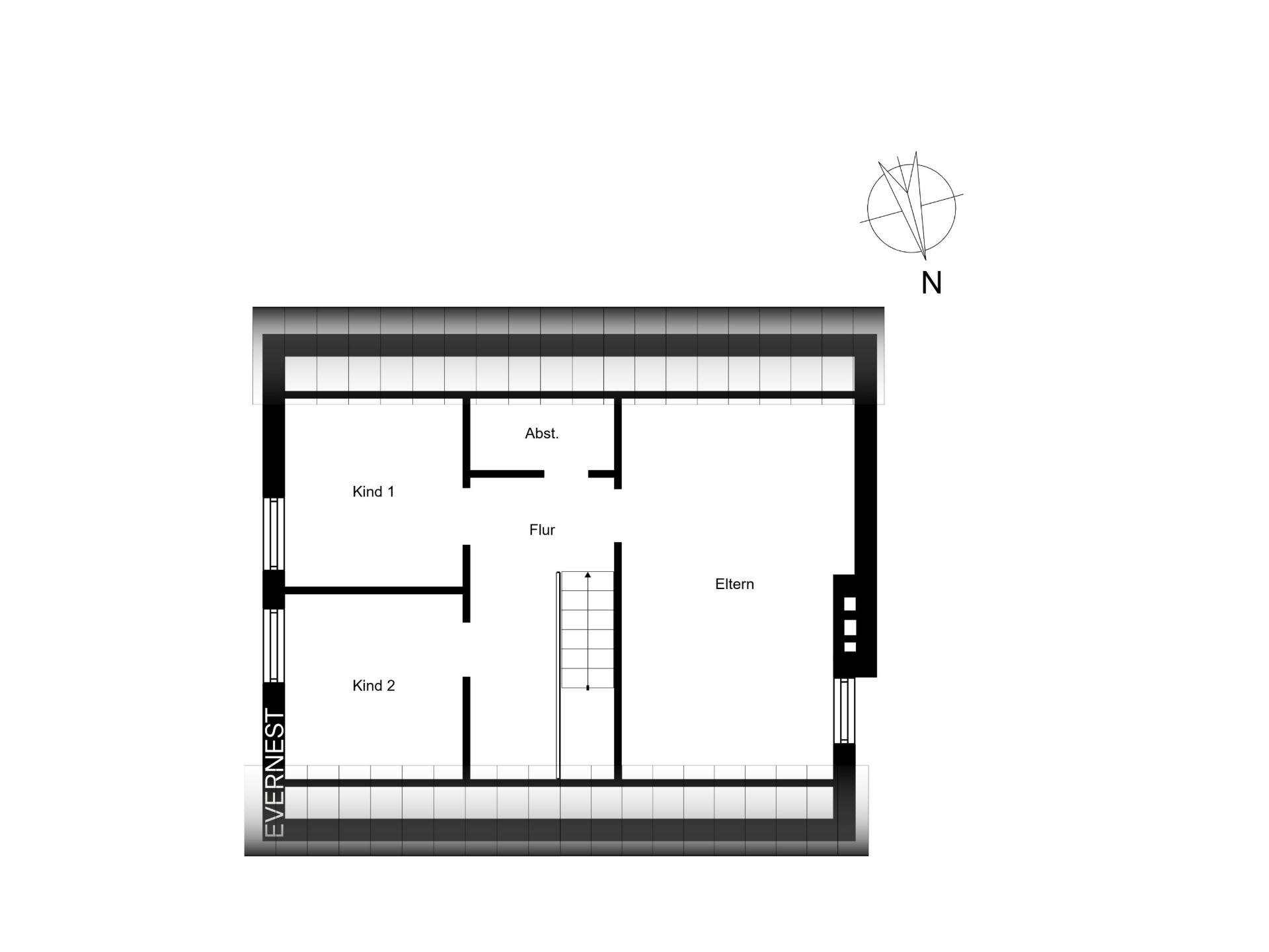 Grundriss mit zwei Kinderzimmern, Elternschlafzimmer, Flur und Abstellraum.