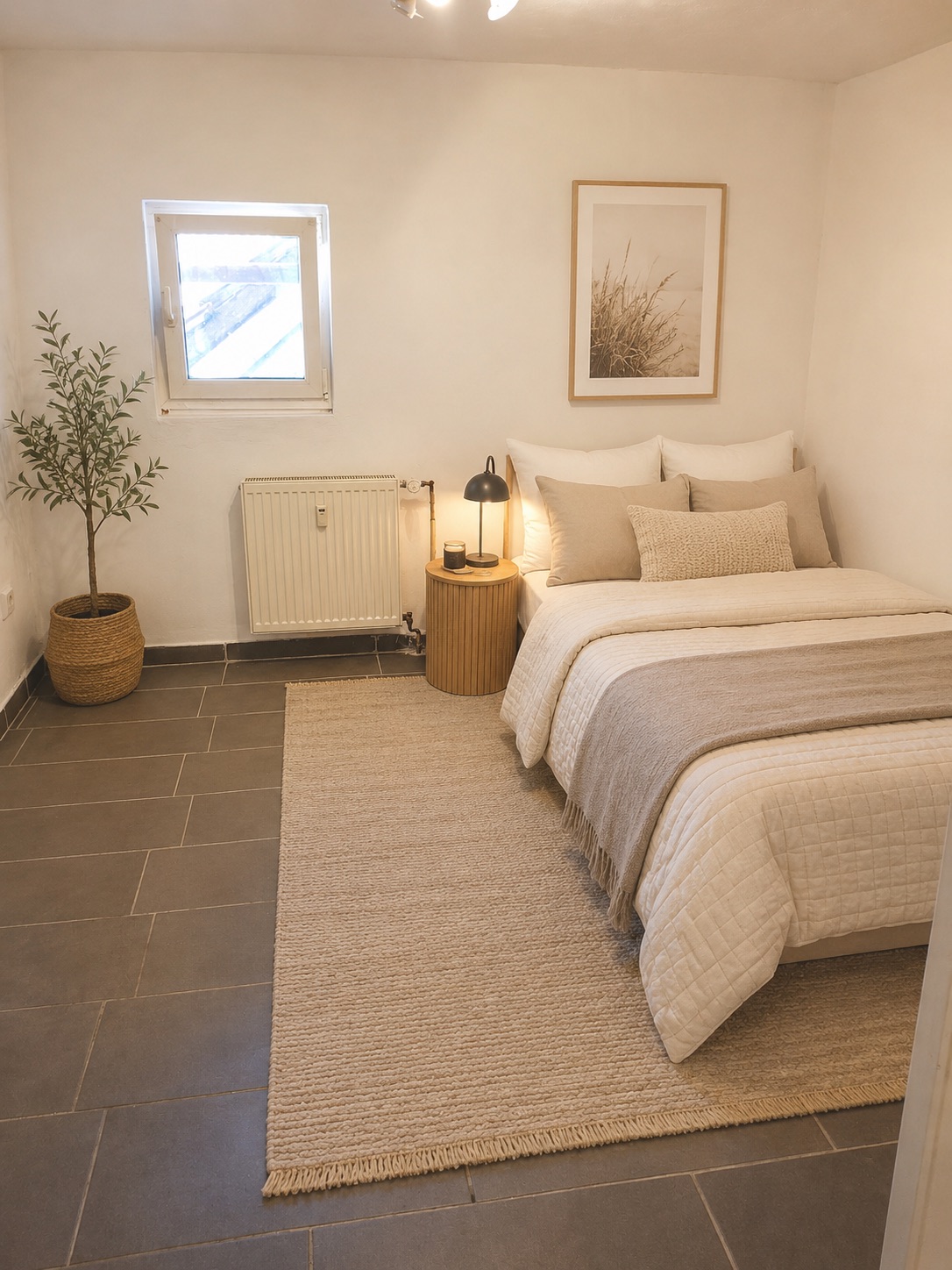 Helles Schlafzimmer mit Doppelbett, Nachttisch, Lampe, Teppich und Pflanze am Fenster.