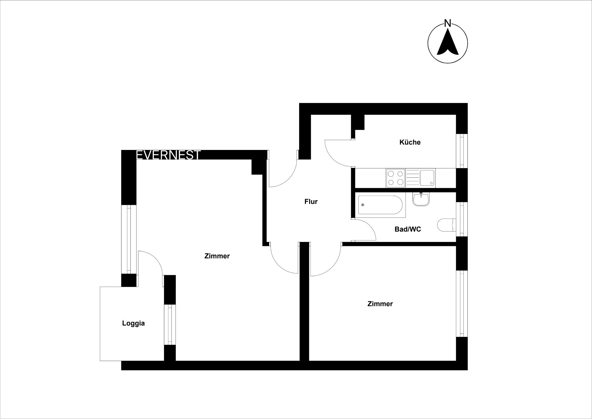 Grundriss einer Wohnung mit zwei Zimmern, Küche, Bad/WC, Flur und Loggia.