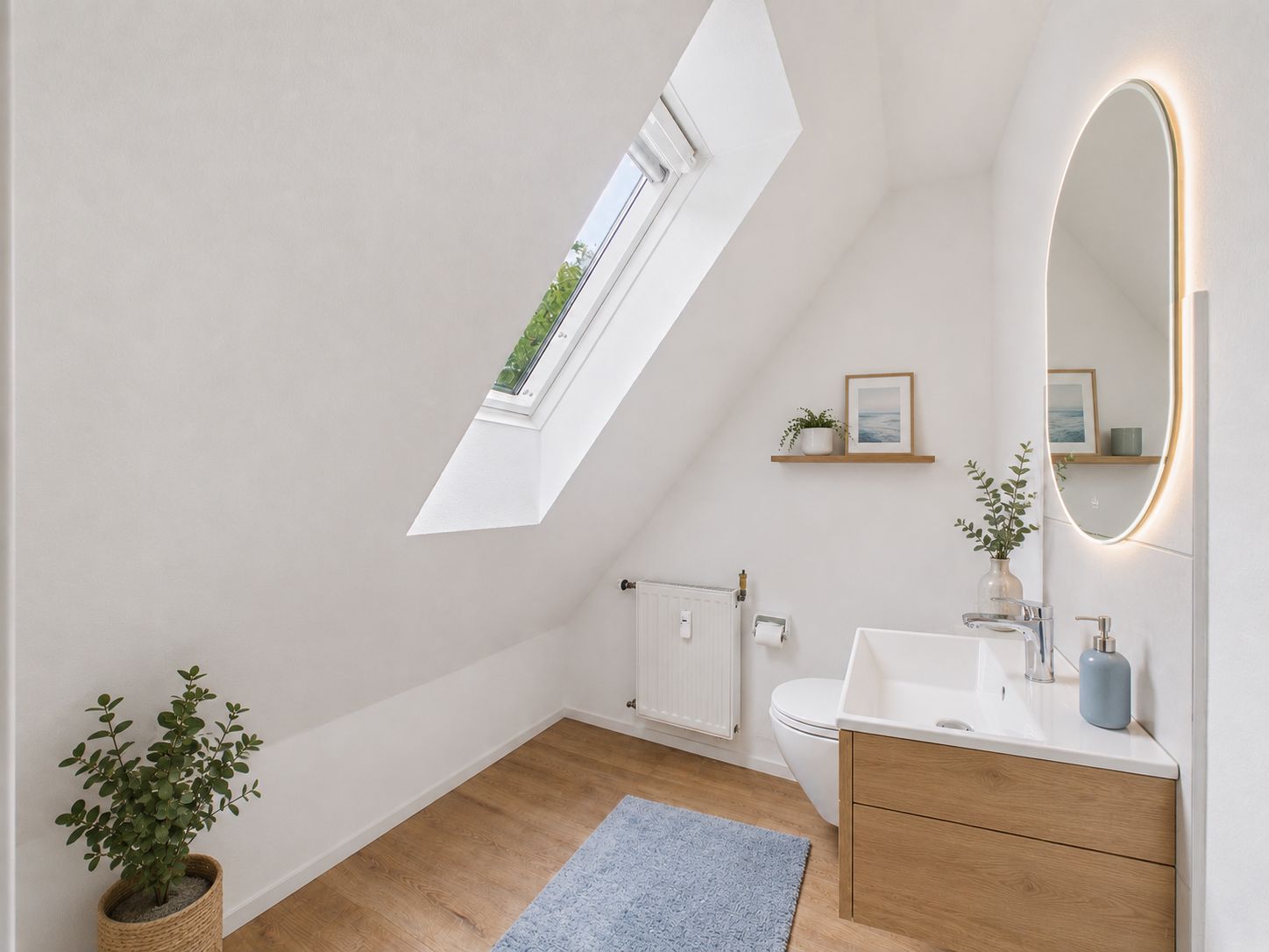 Modernes Bad mit Dachfenster, Holzfußboden, Spiegel, Waschbecken und Dekopflanzen.