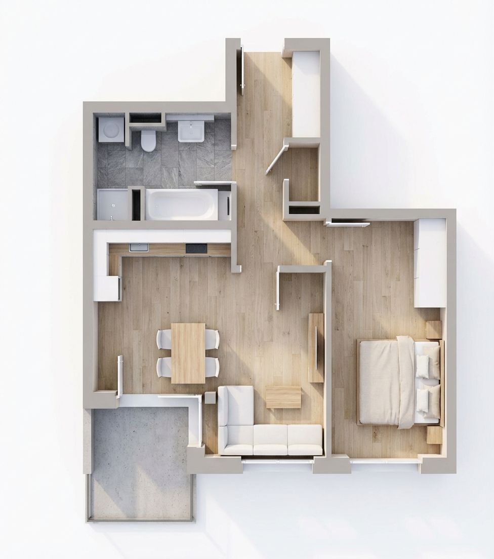 Grundriss einer Wohnung mit Schlafzimmer, Wohnzimmer, Küche, Bad und Balkon.
