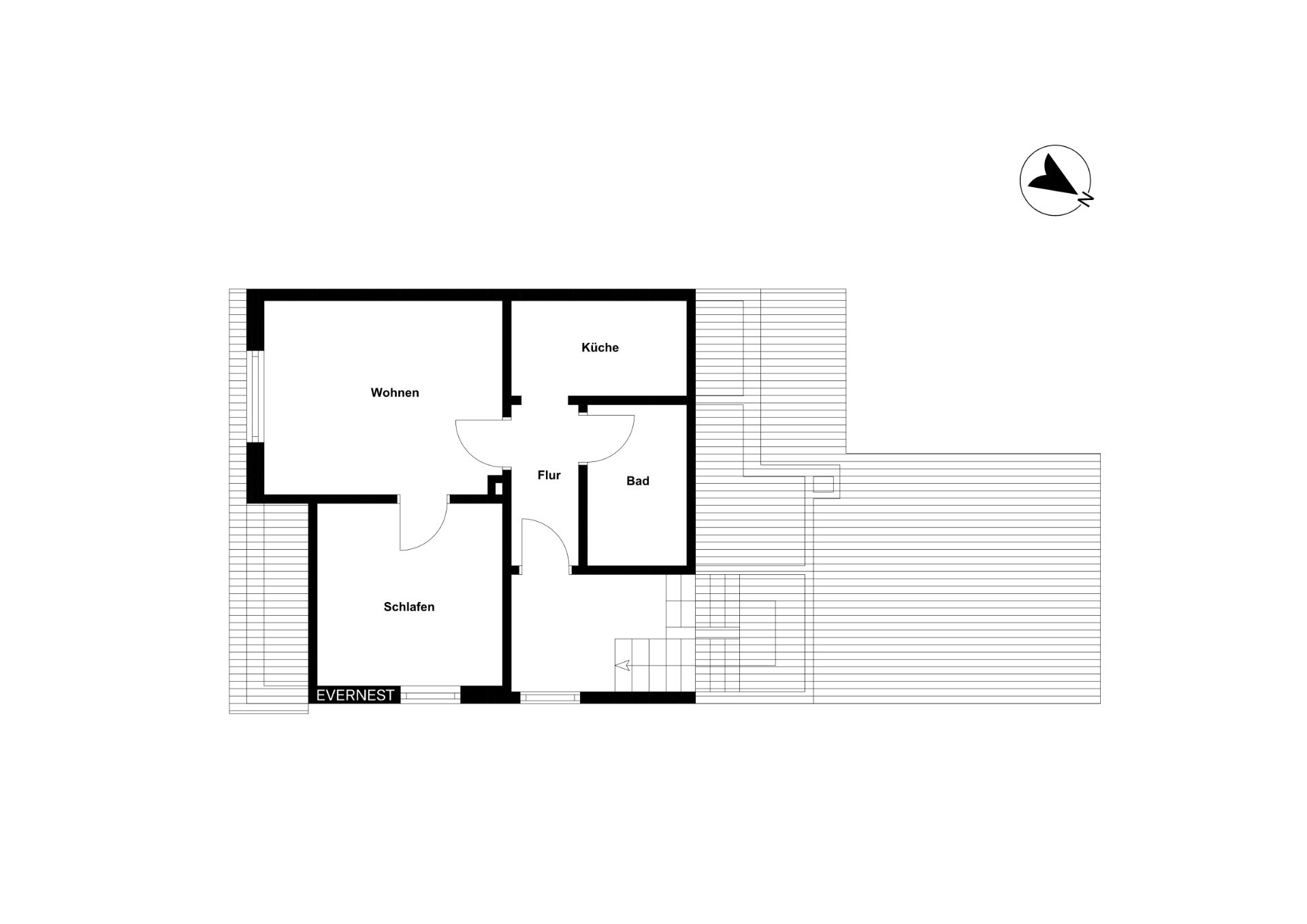 Grundriss einer Wohnung mit Wohnzimmer, Schlafzimmer, Küche, Bad und Flur.