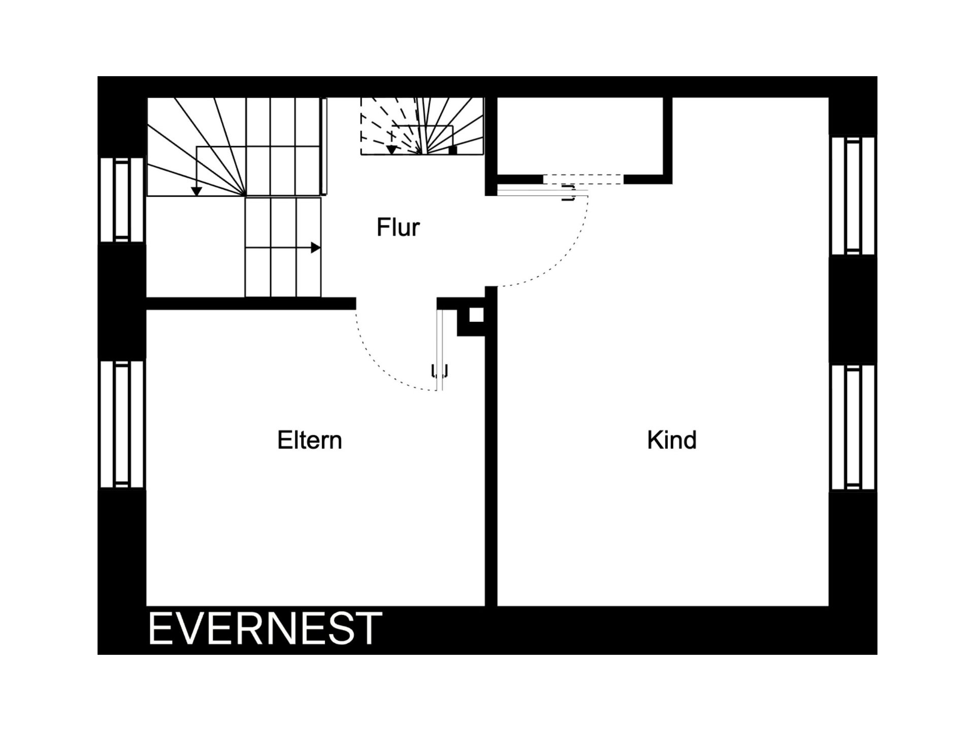 Grundriss mit Flur, Elternschlafzimmer und Kinderzimmer.