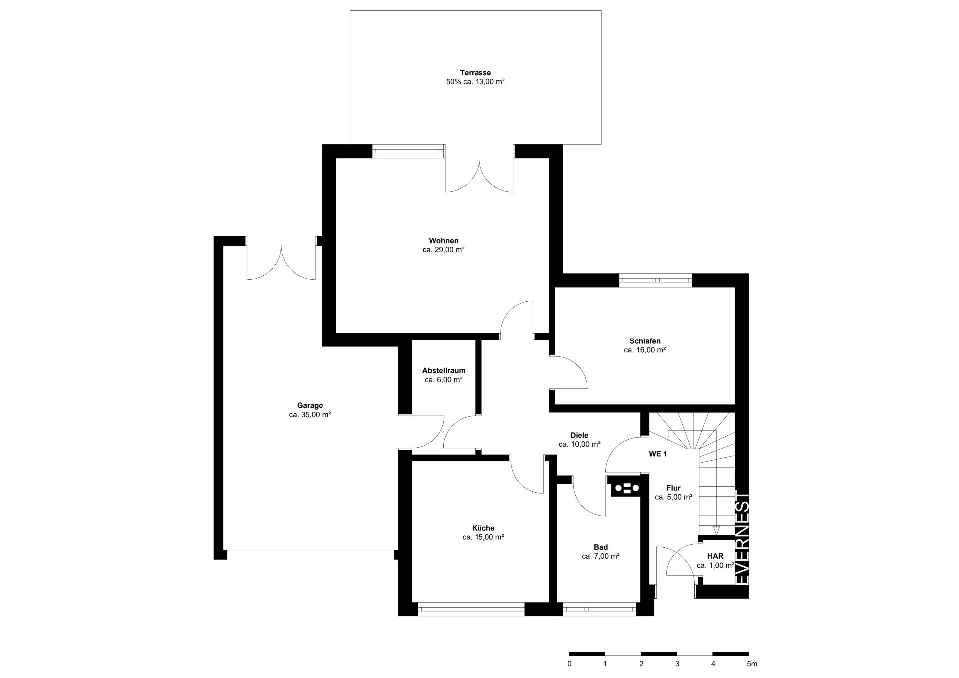 Grundriss eines Wohnhauses mit Wohnzimmer, Schlafzimmer, Küche, Bad, Garage und Terrasse.