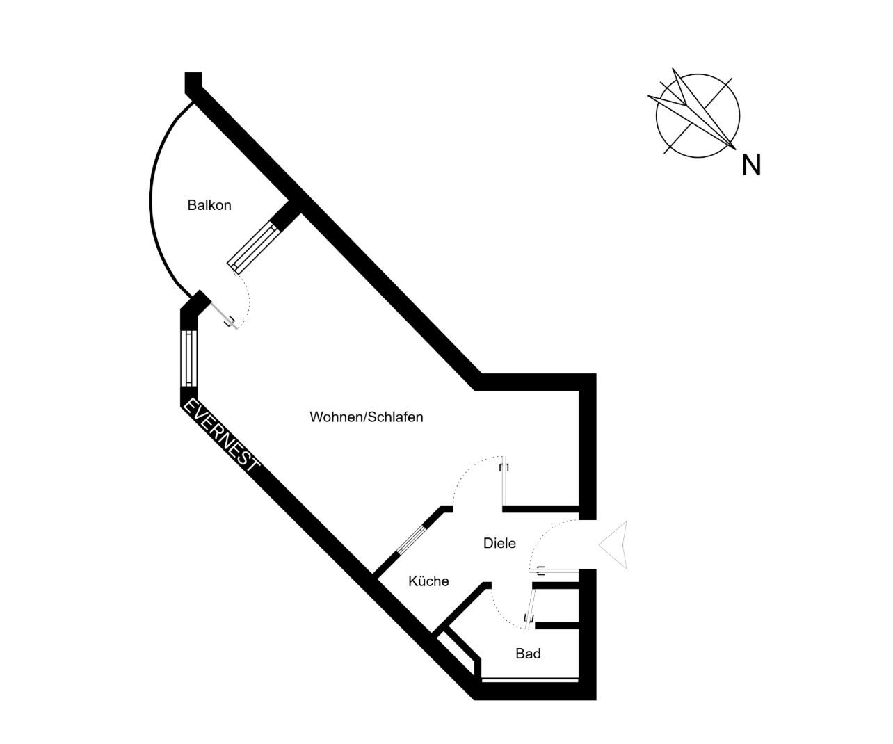 Grundriss einer Wohnung mit Balkon, Wohn-/Schlafbereich, Küche, Bad und Diele.