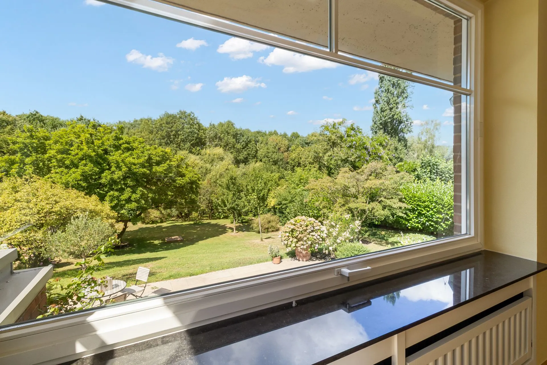 Großes Fenster mit Blick auf einen grünen Garten und Bäume unter blauem Himmel.