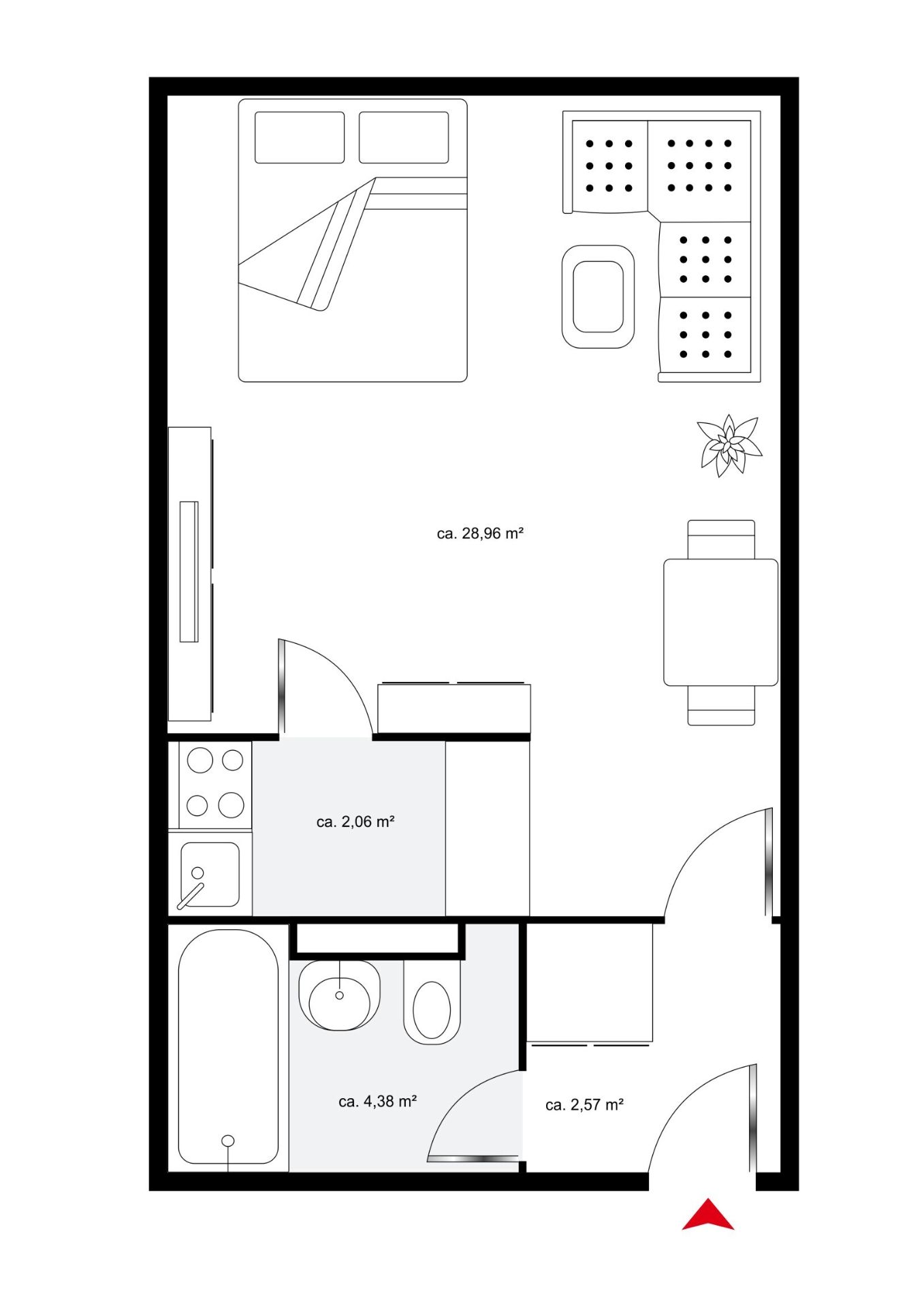 Grundriss einer Einzimmerwohnung mit Bad, Küche, Bett, Sofa und kleinem Esstisch.