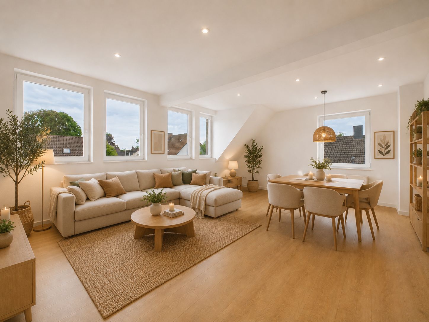 Helles Wohnzimmer mit Ecksofa, Teppich, Esstisch und großen Fenstern.