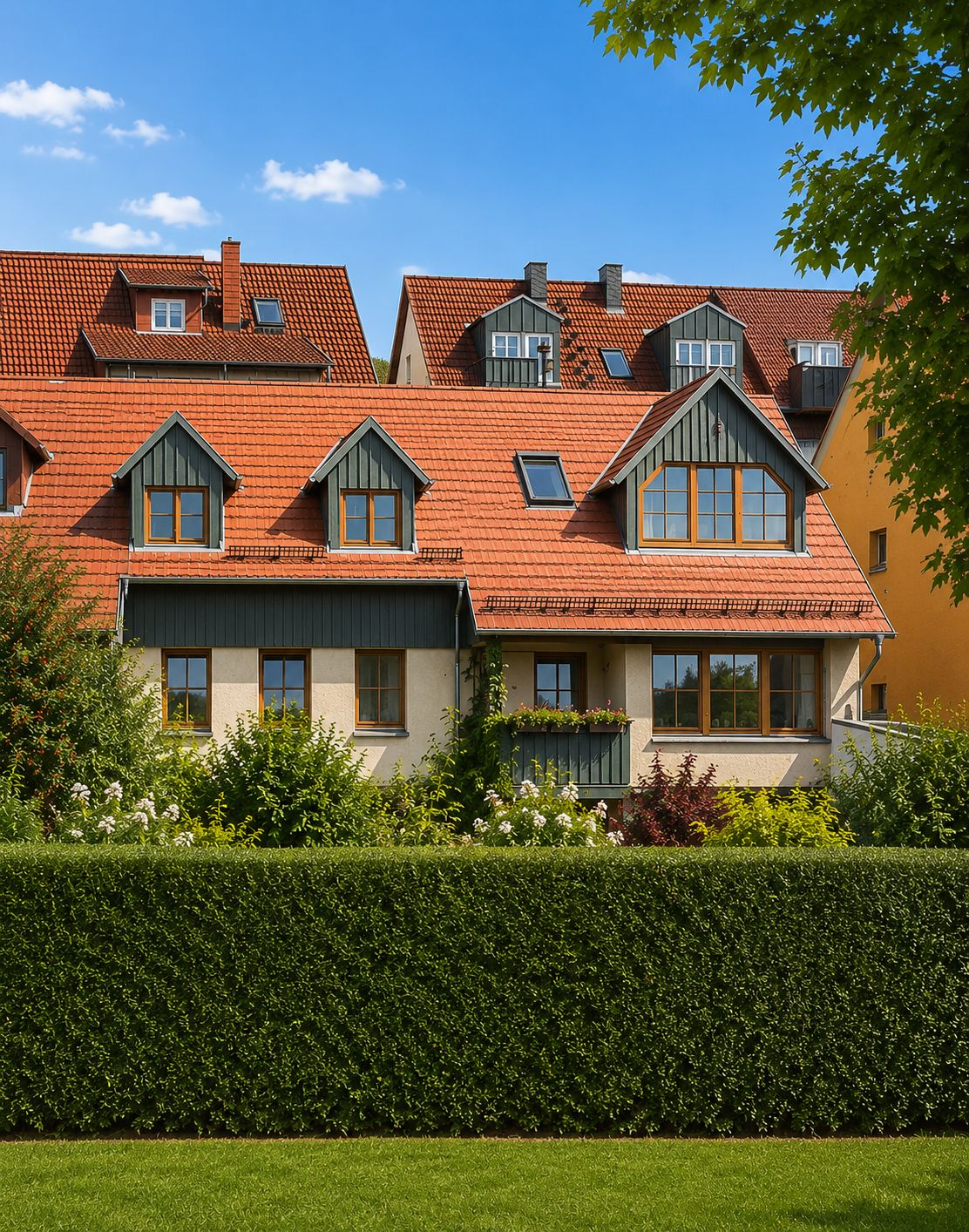 Wohnhaus mit rotem Dach, großen Fenstern und Garten im Vordergrund.