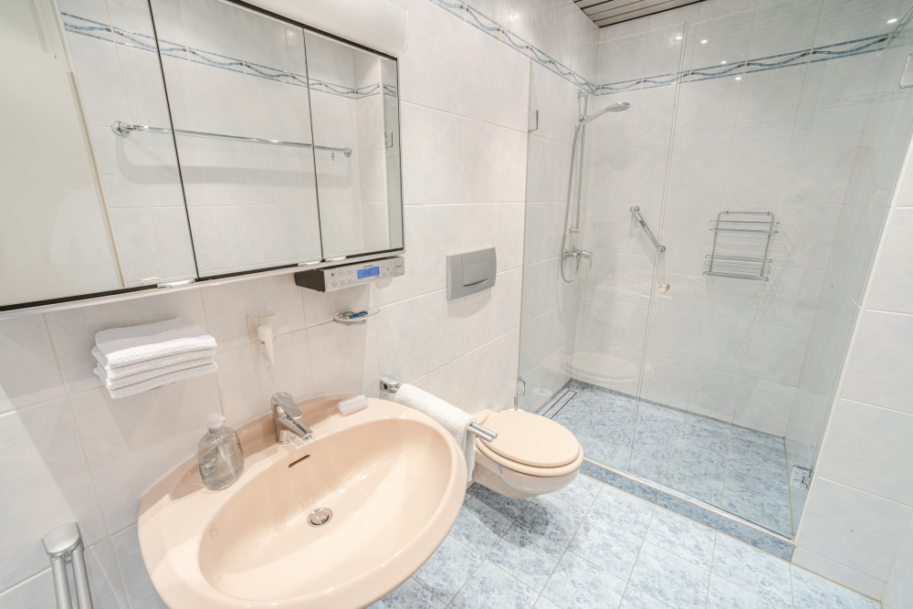 Helles Badezimmer mit Waschbecken, Toilette und begehbarer Dusche hinter Glaswand.