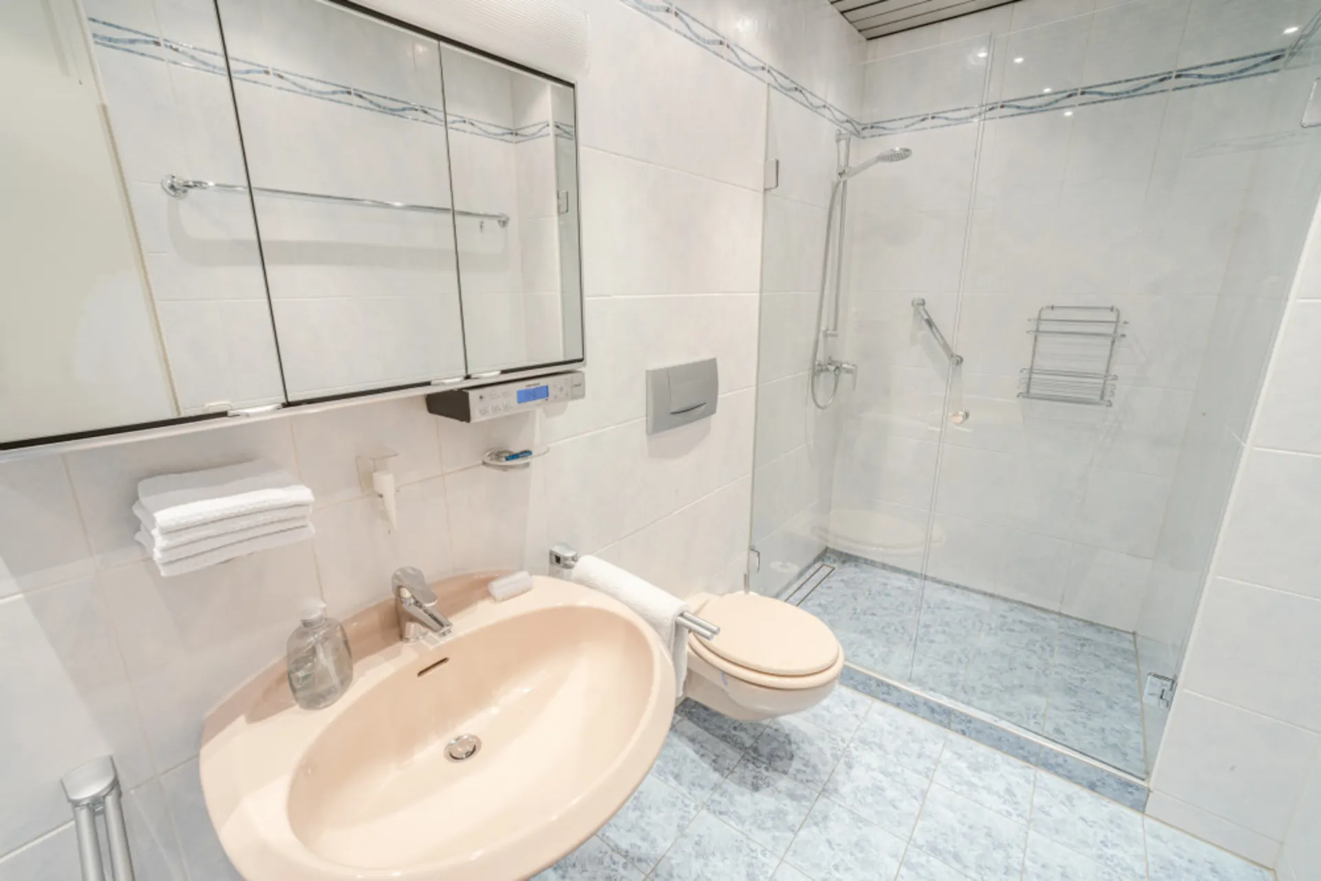 Helles Badezimmer mit Waschbecken, Toilette und begehbarer Dusche hinter Glaswand.