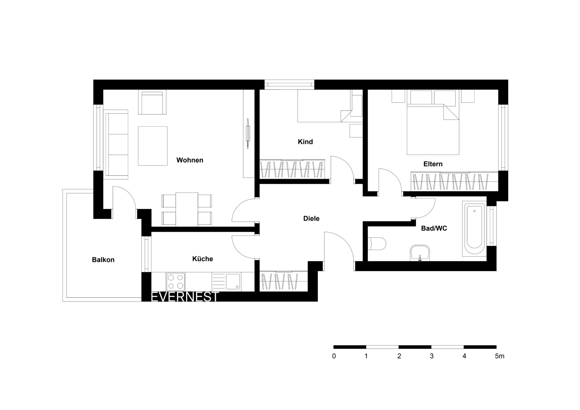 Grundriss einer Wohnung mit Wohnzimmer, Küche, Bad, Schlafzimmer, Kinderzimmer und Balkon.