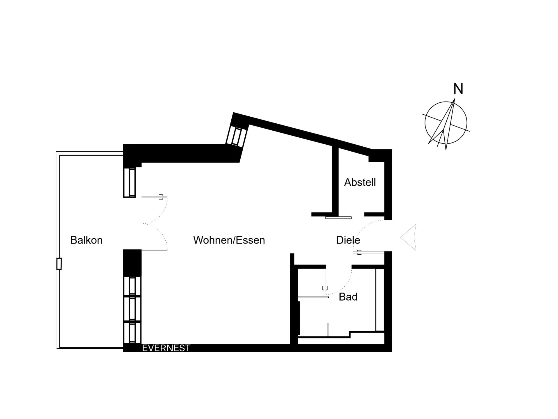Grundriss einer Wohnung mit Balkon, Wohn-/Essbereich, Bad, Diele und Abstellraum.
