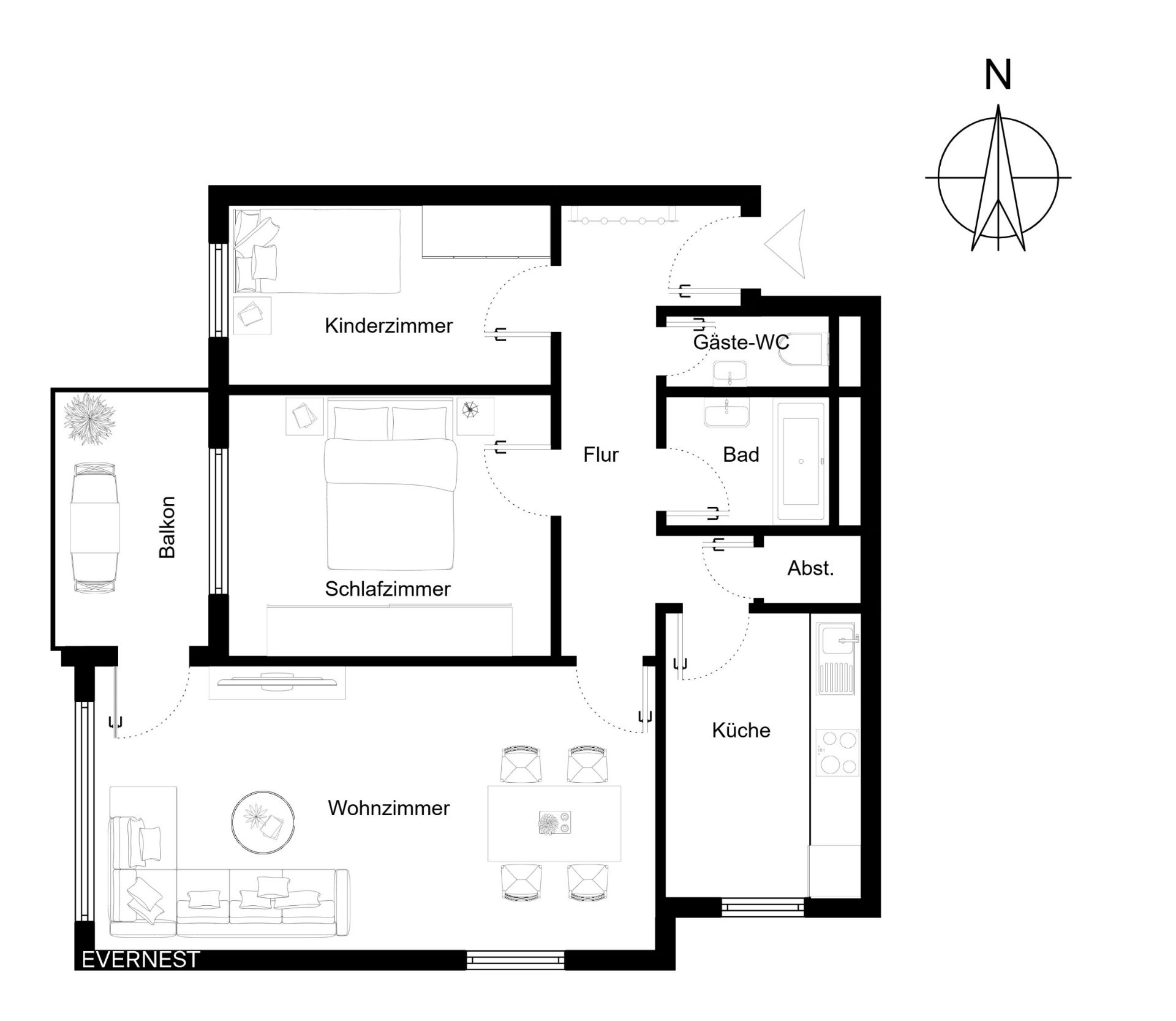 Grundriss einer Wohnung mit Wohnzimmer, Schlafzimmer, Kinderzimmer, Küche, Bad, Balkon und Flur.