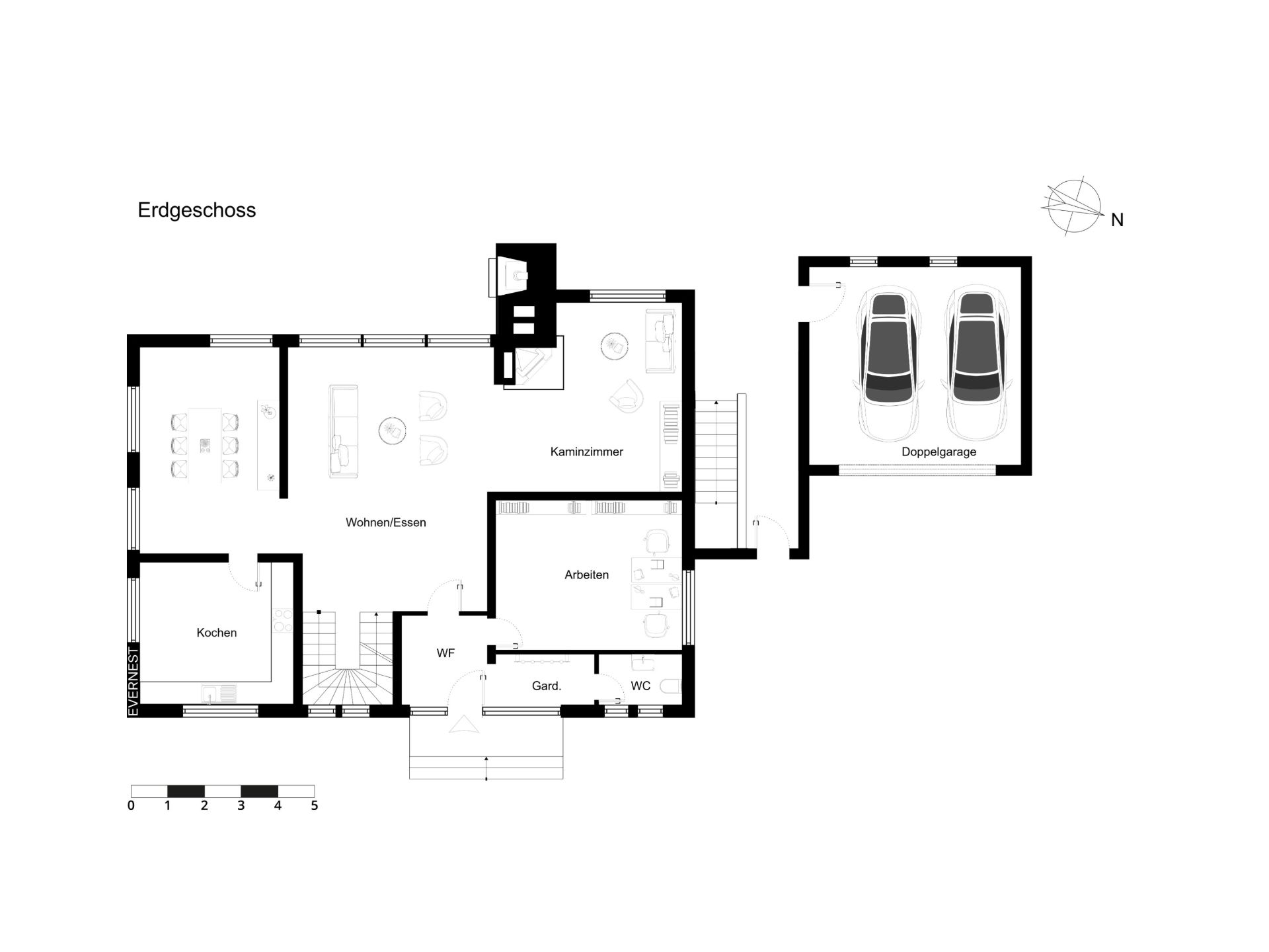 Grundriss des Erdgeschosses mit Küche, Wohnbereich, Kaminzimmer, Büro und Doppelgarage.