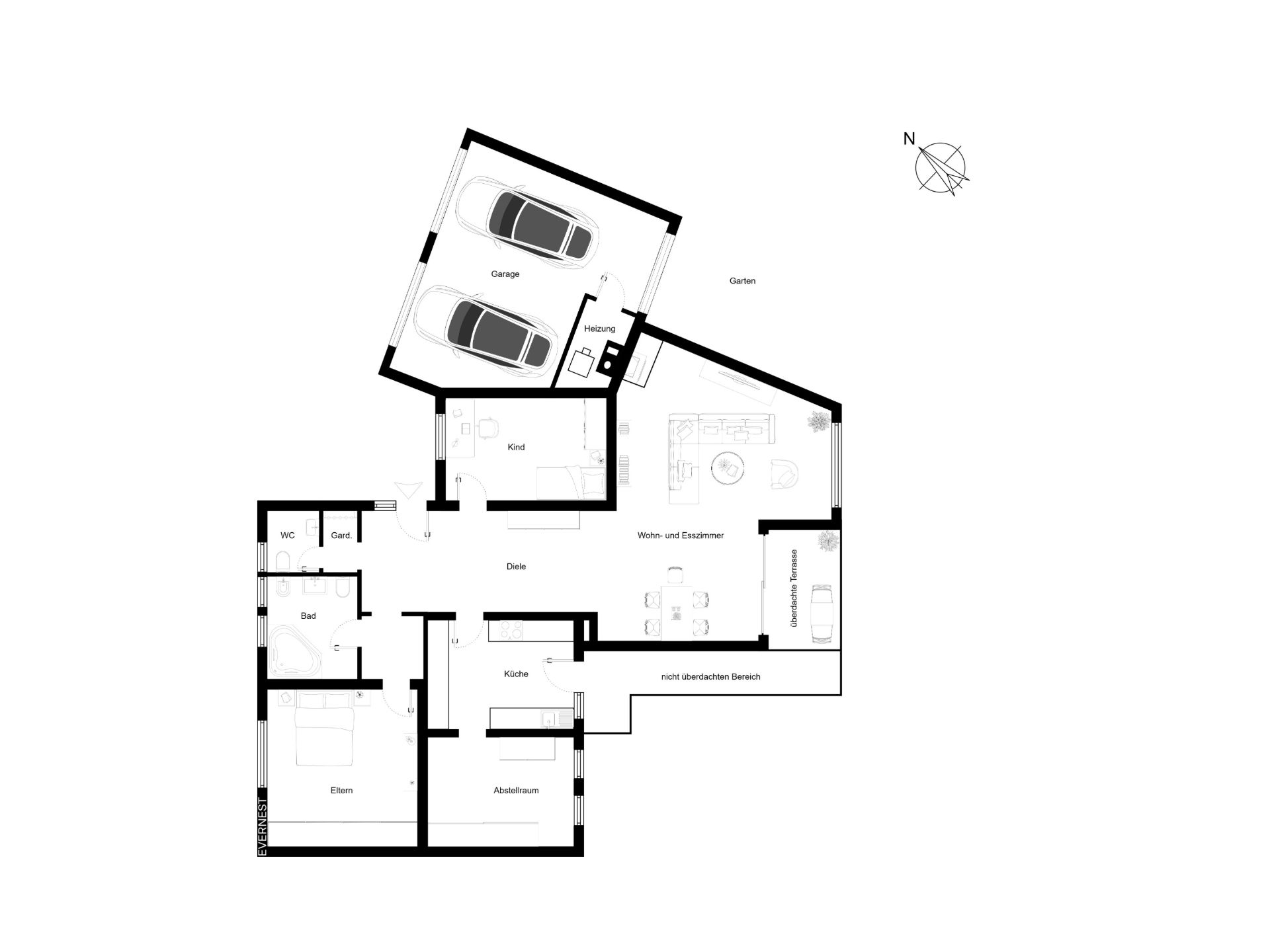 Grundriss eines Hauses mit Garage, Wohnzimmer, Küche, Schlafzimmern und Garten.