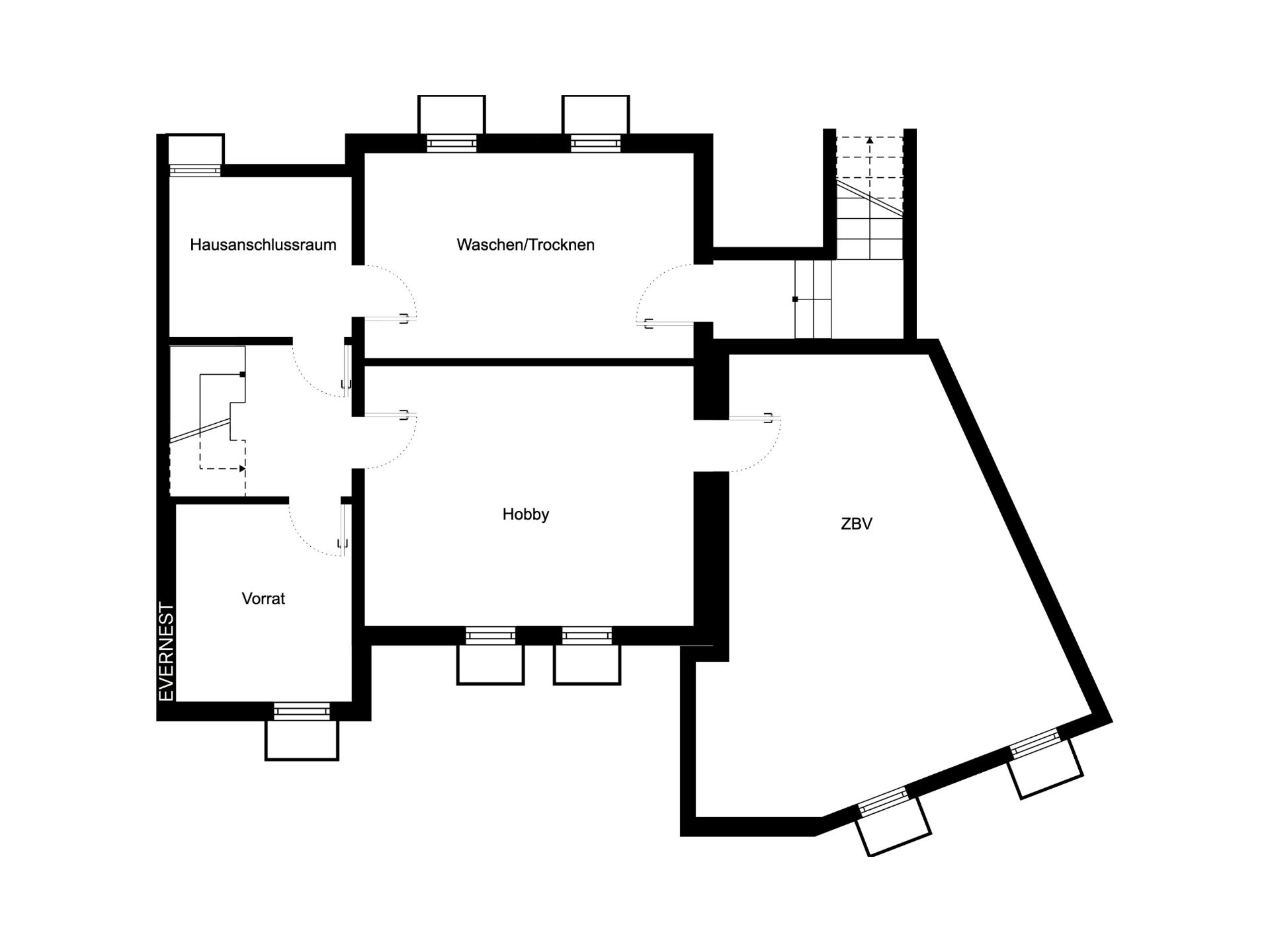 Grundriss mit Räumen: Hausanschlussraum, Waschen/Trocknen, Vorrat, Hobby und ZBV.
