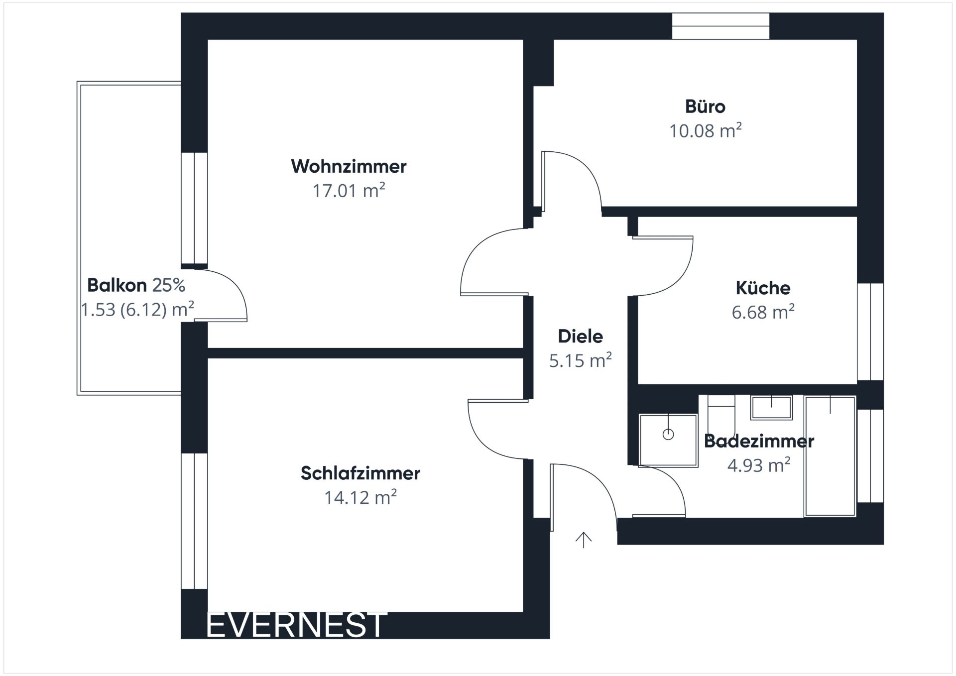 Grundriss einer Wohnung mit Wohnzimmer, Schlafzimmer, Büro, Küche, Bad, Diele und Balkon.