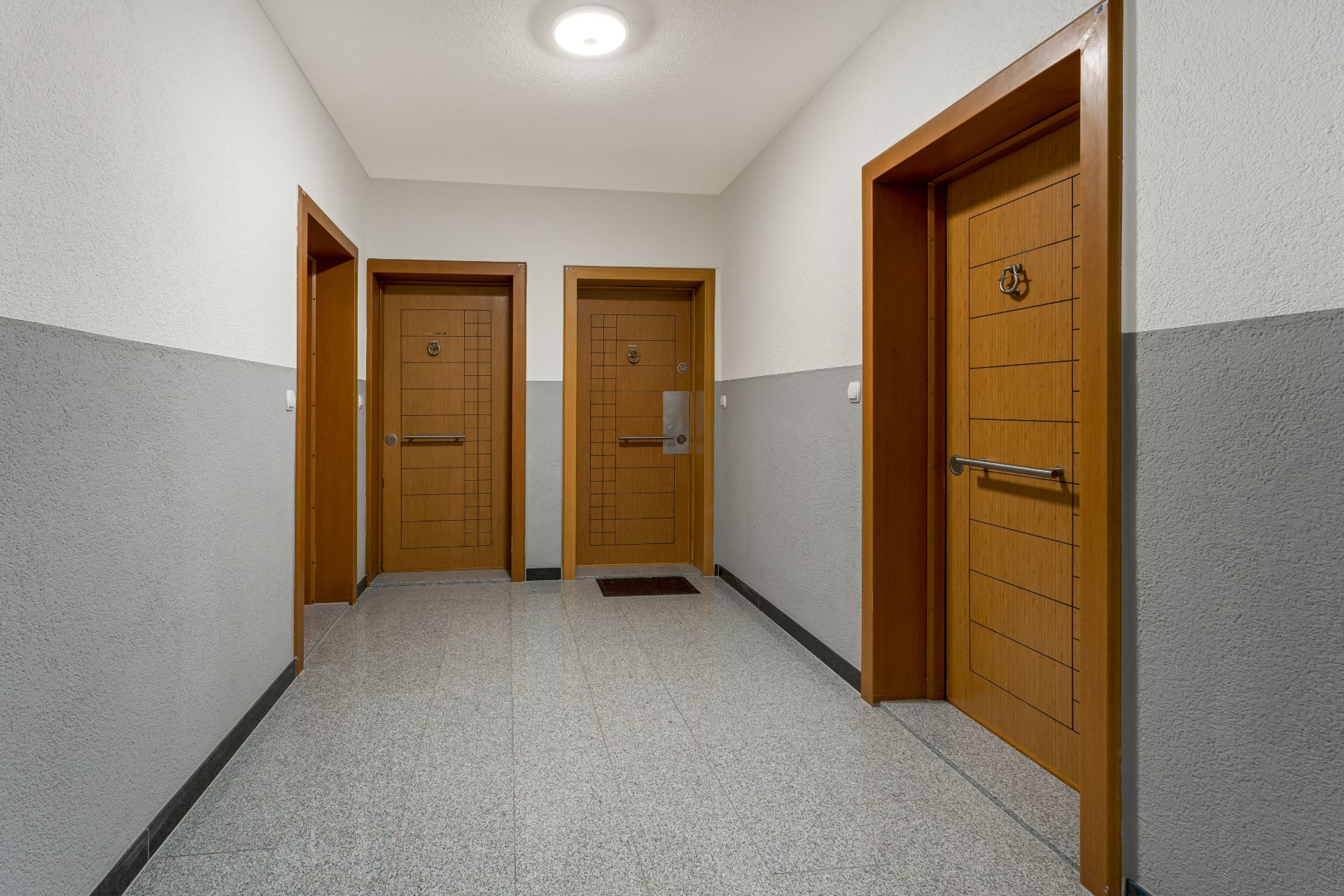 Flur mit drei braunen Wohnungstüren und grauen Wänden in einem Wohngebäude.