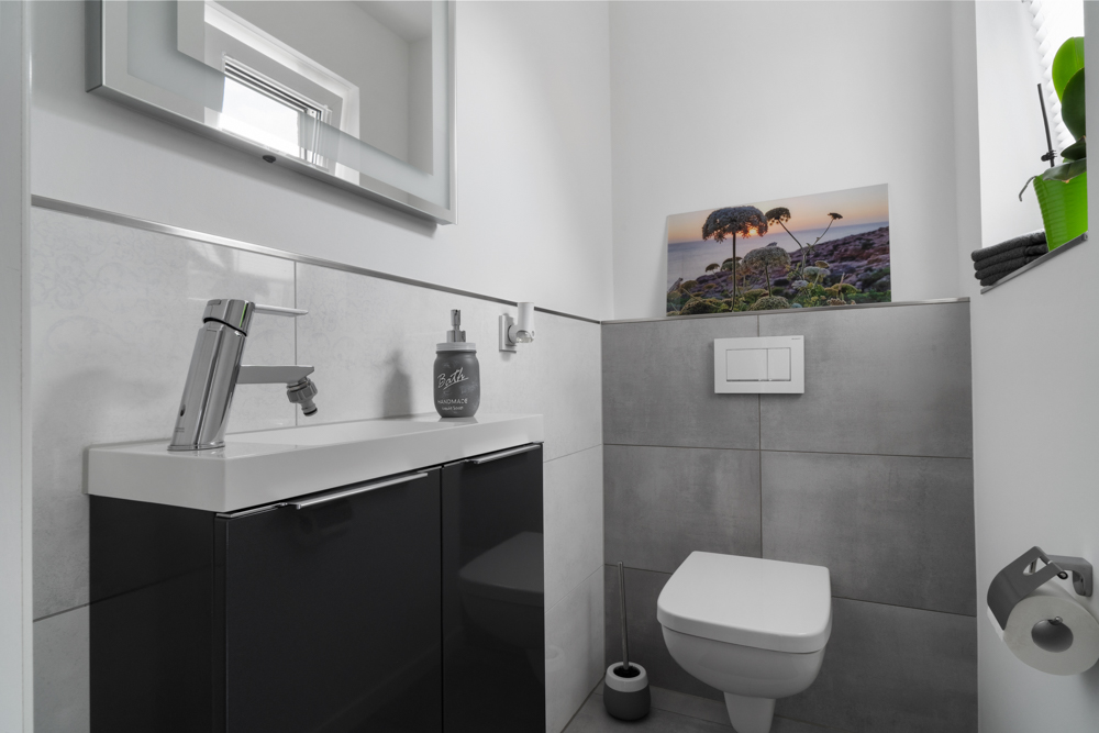 Modernes Badezimmer mit Wandtoilette, Waschbecken, Spiegel und Dekoration.