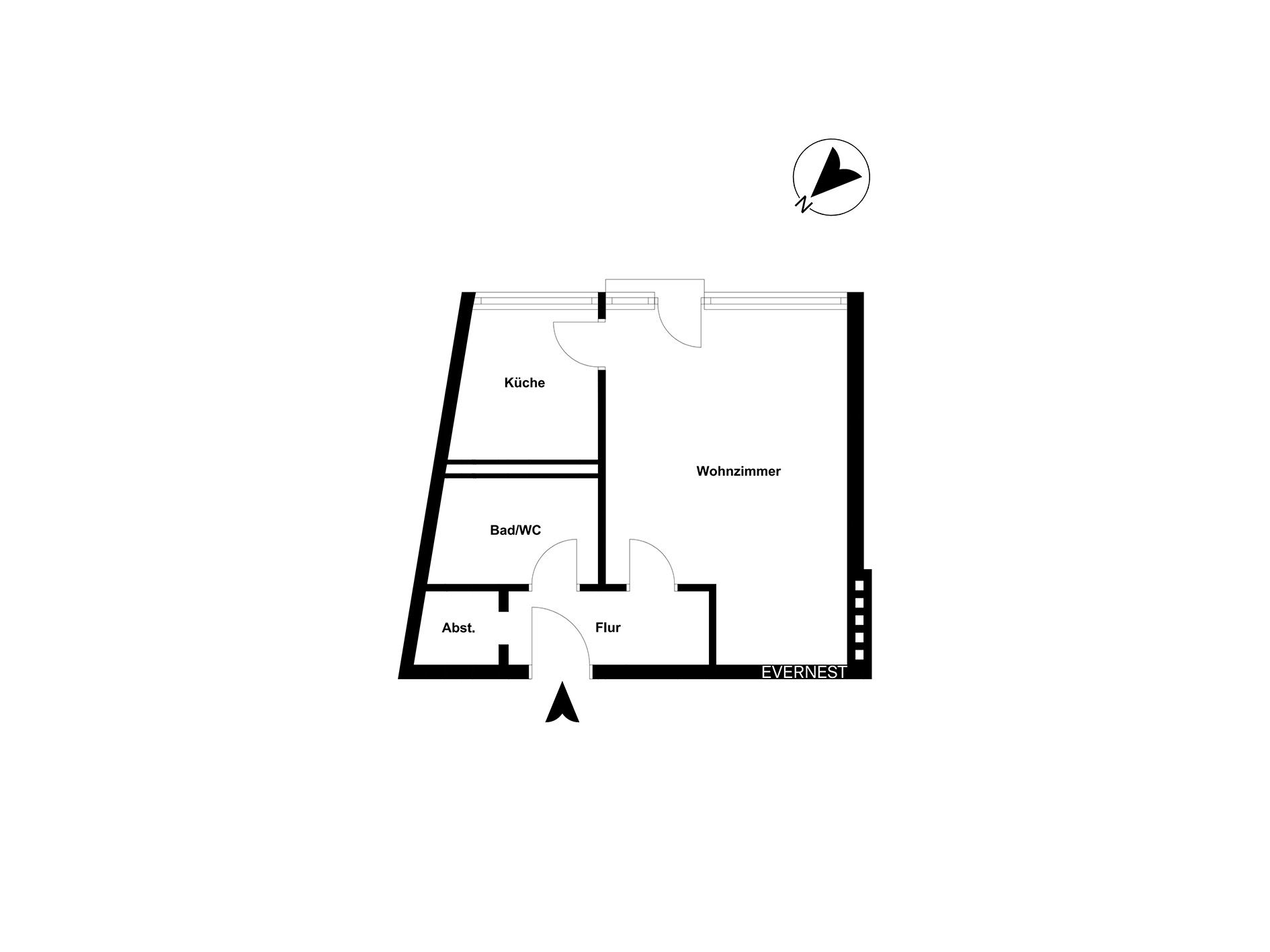 Grundriss einer Wohnung mit Wohnzimmer, Küche, Bad/WC, Flur und Abstellraum.