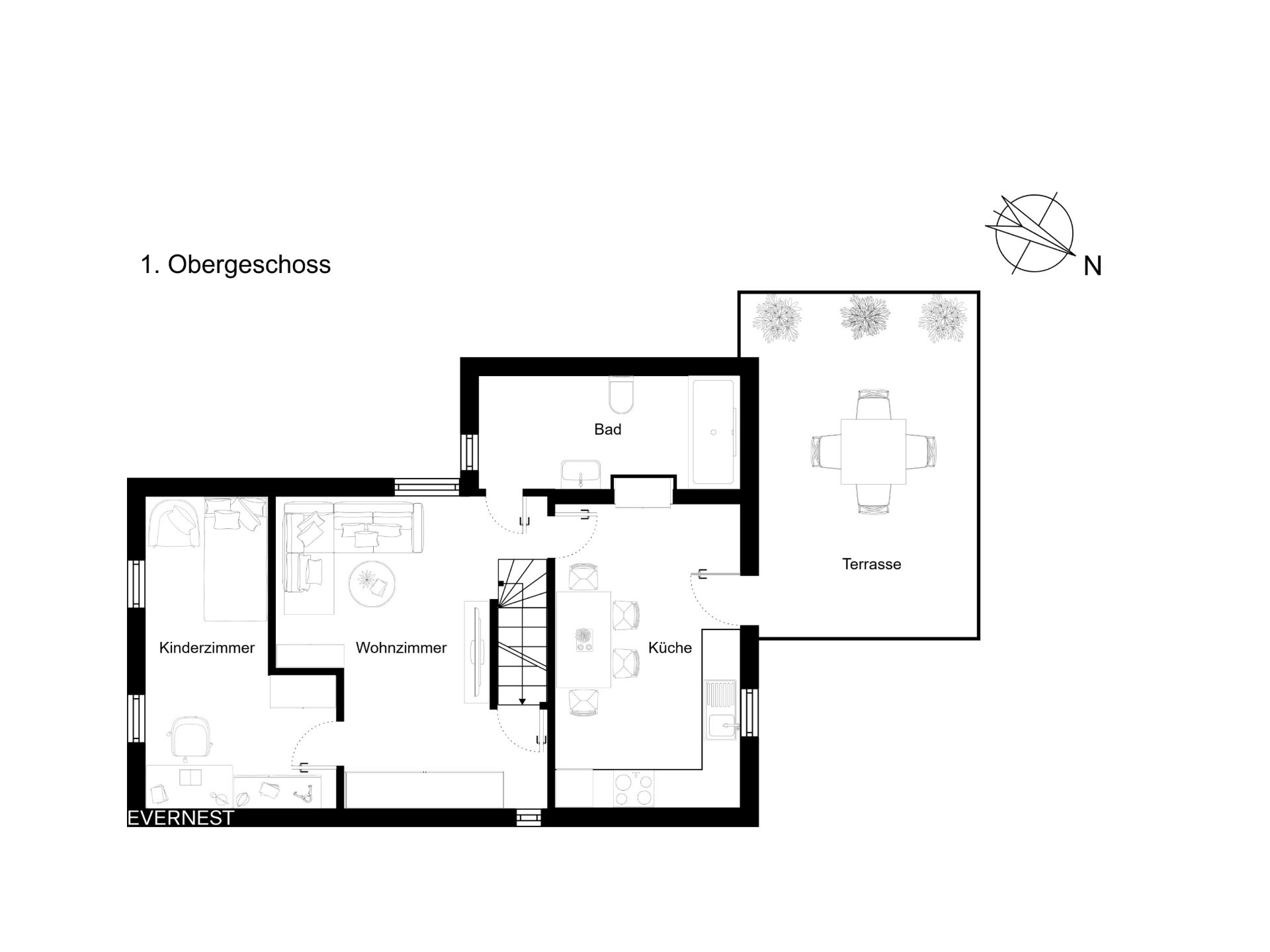 Grundriss des ersten Obergeschosses mit Wohnzimmer, Kinderzimmer, Bad, Küche und Terrasse.