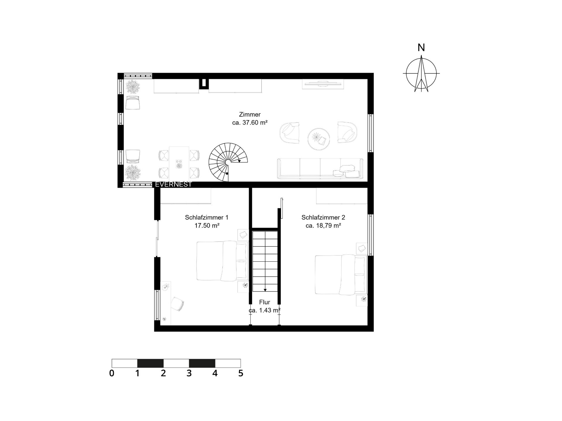Grundriss mit zwei Schlafzimmern, Flur und großem Zimmer mit Sitz- und Essbereich.
