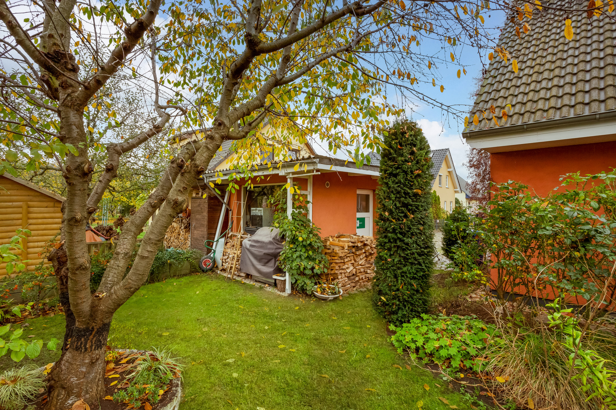 Garten mit Rasen, Baum und Holzstapeln neben einem orangefarbenen Haus.