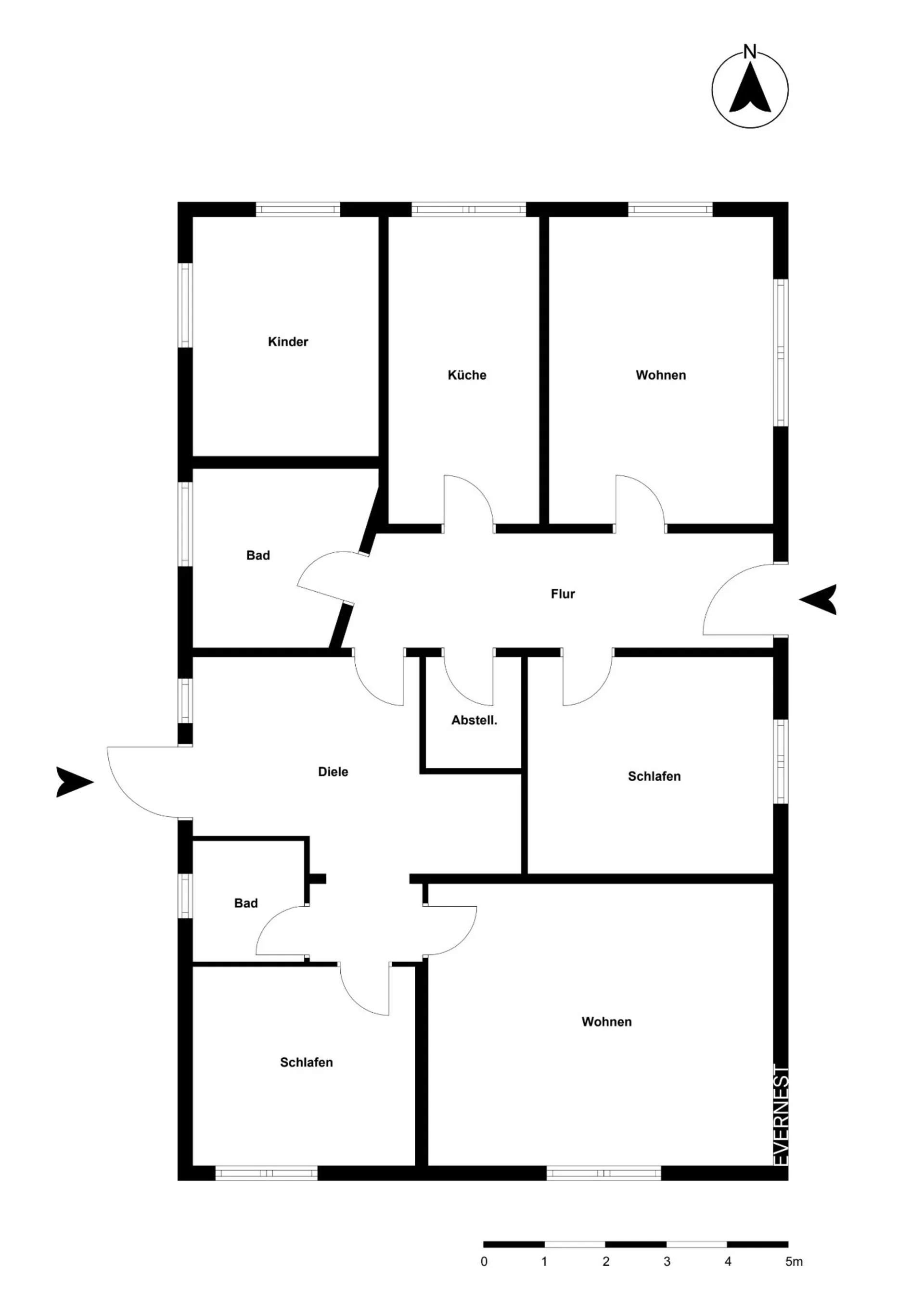 Grundriss einer Wohnung mit zwei Wohnzimmern, zwei Schlafzimmern, Kinderzimmer, Küche und Bädern.