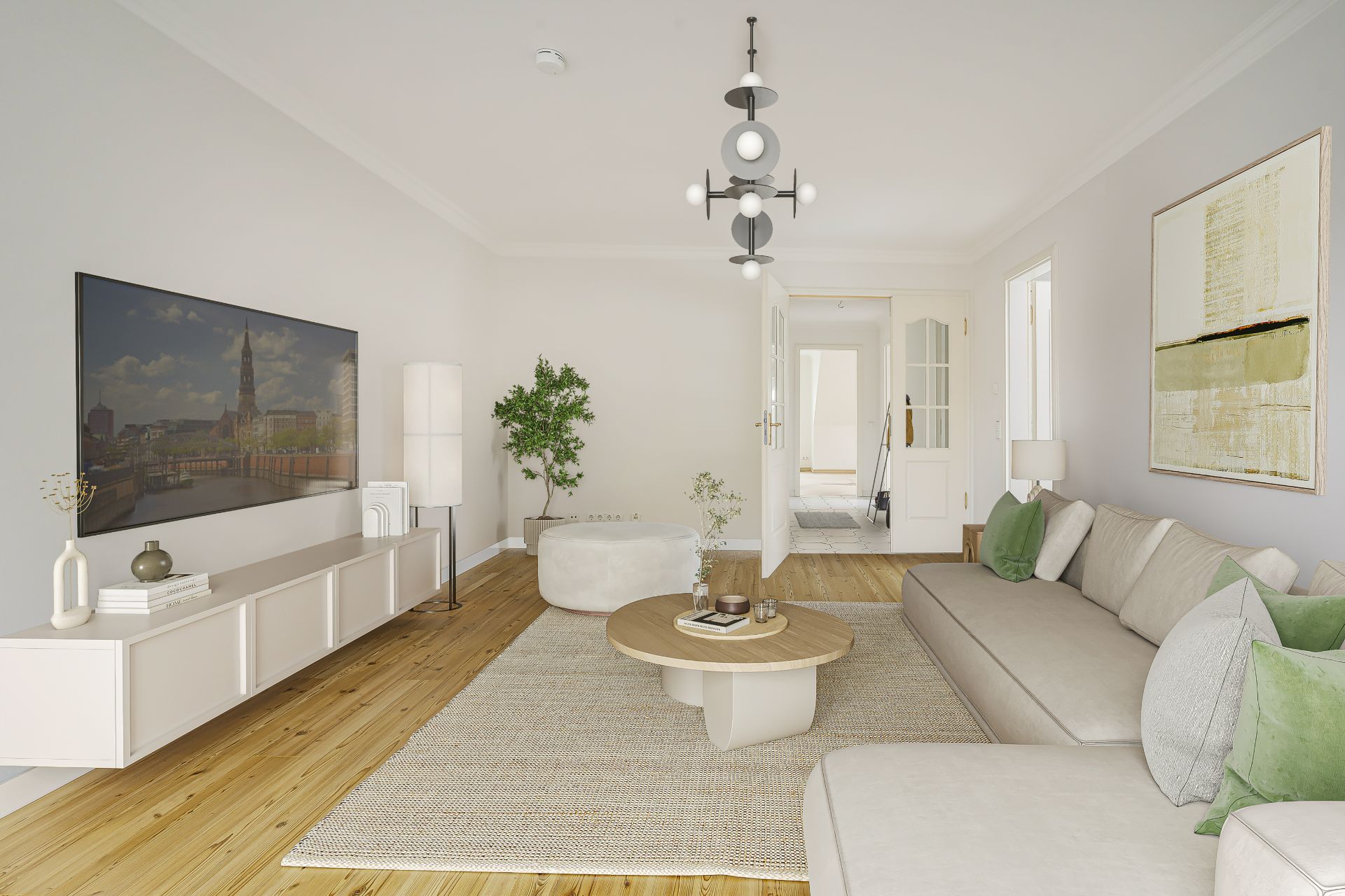 Helles Wohnzimmer mit Sofa, Couchtisch, Fernseher, Teppich und Pflanzen auf Holzboden.