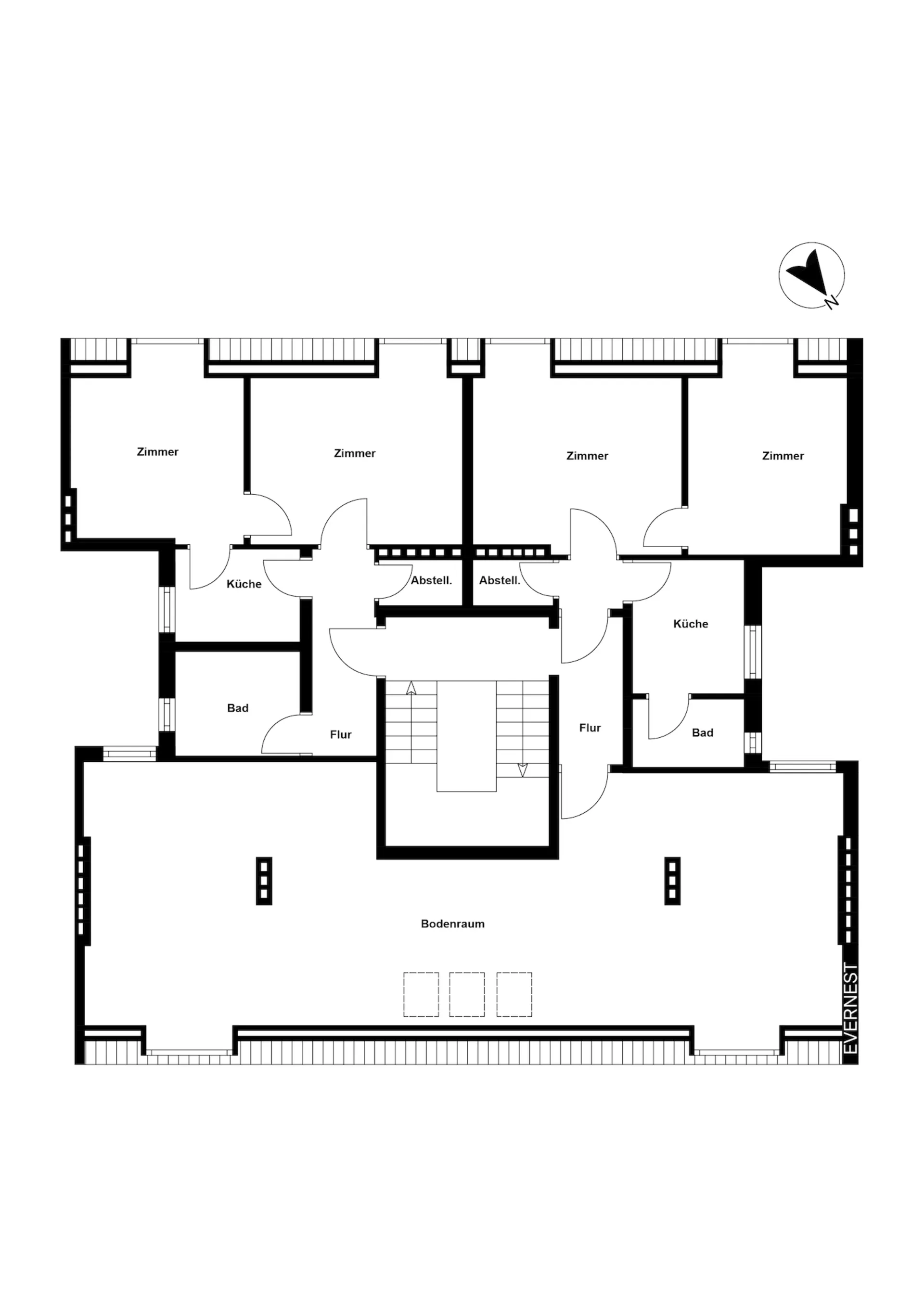 Grundriss mit vier Zimmern, zwei Küchen, zwei Bädern und großem Bodenraum.