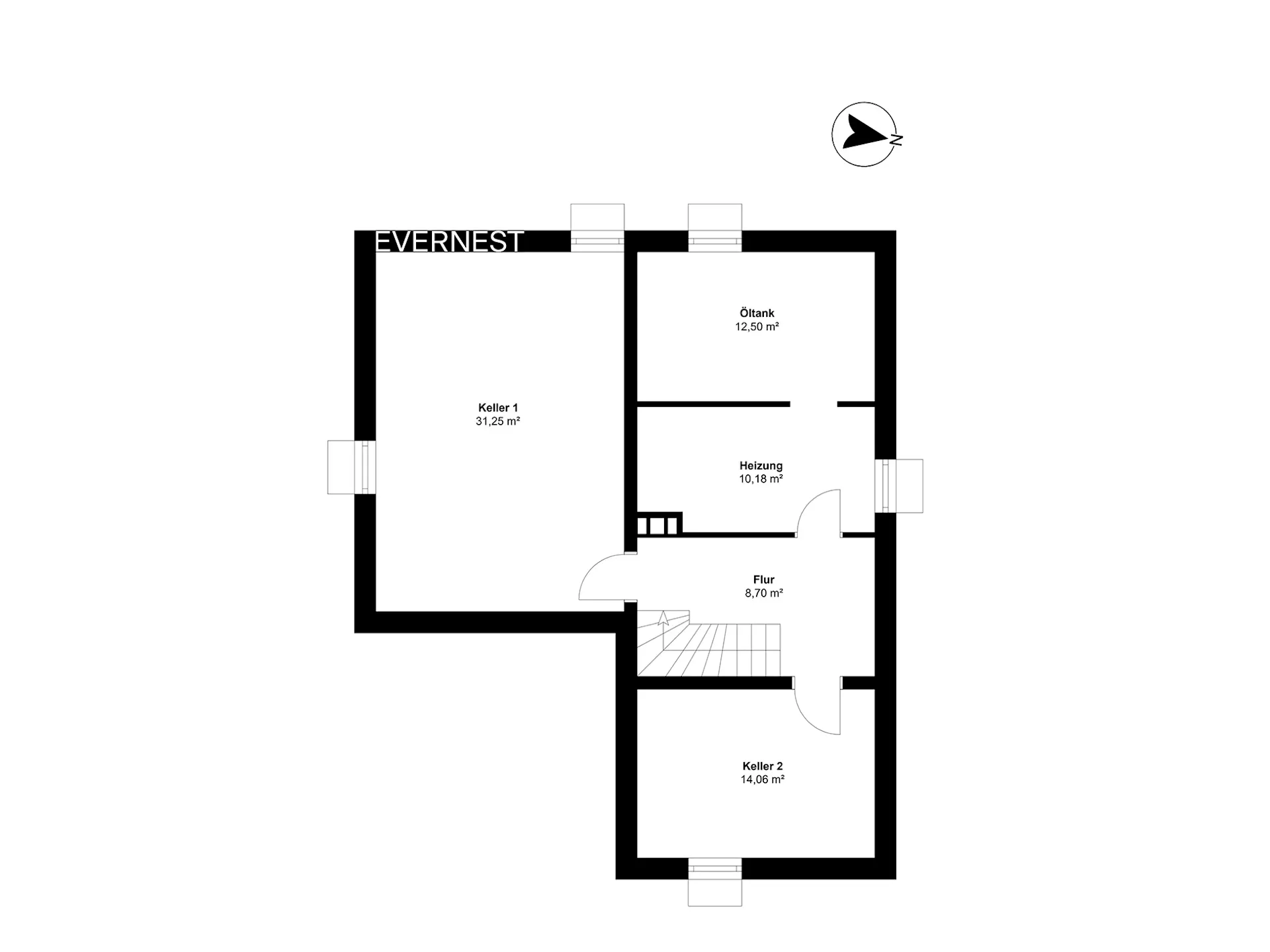 Grundriss eines Kellers mit zwei Kellerräumen, Heizungsraum, Öltankraum und Flur.
