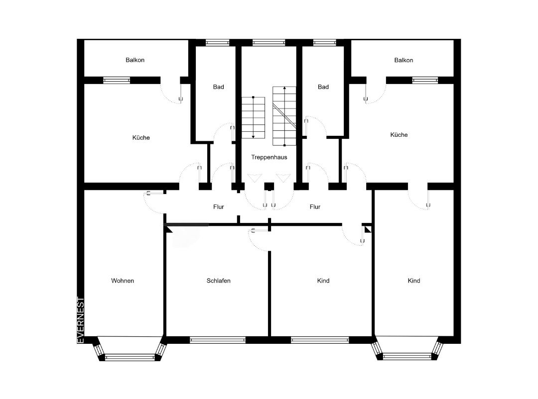 Grundriss einer Wohnung mit Wohnzimmer, Schlafzimmer, Küche, Bad, Kinderzimmer und Balkon.