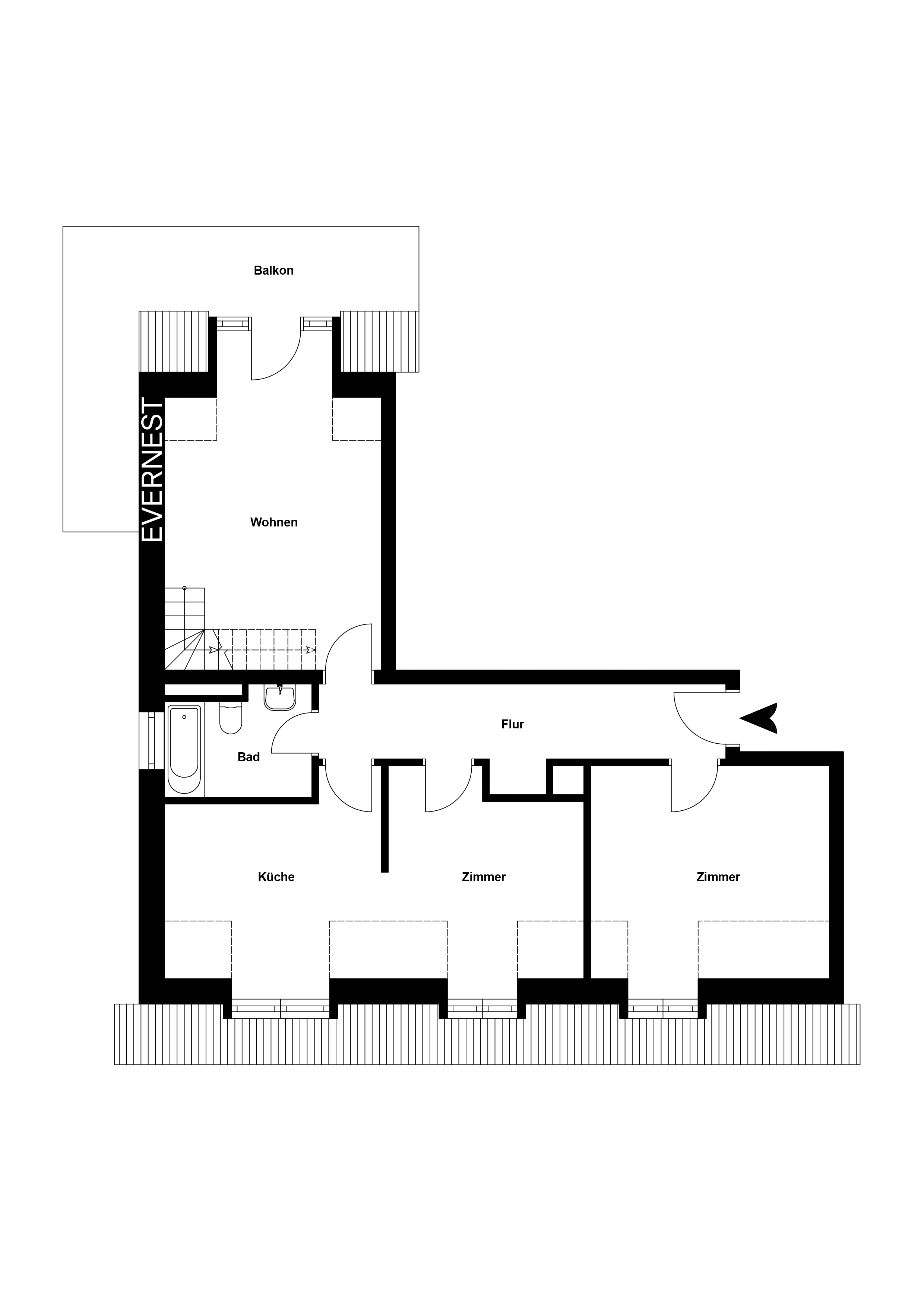 Grundriss einer Wohnung mit Wohnzimmer, Küche, Bad, Flur, zwei Zimmern und Balkon.