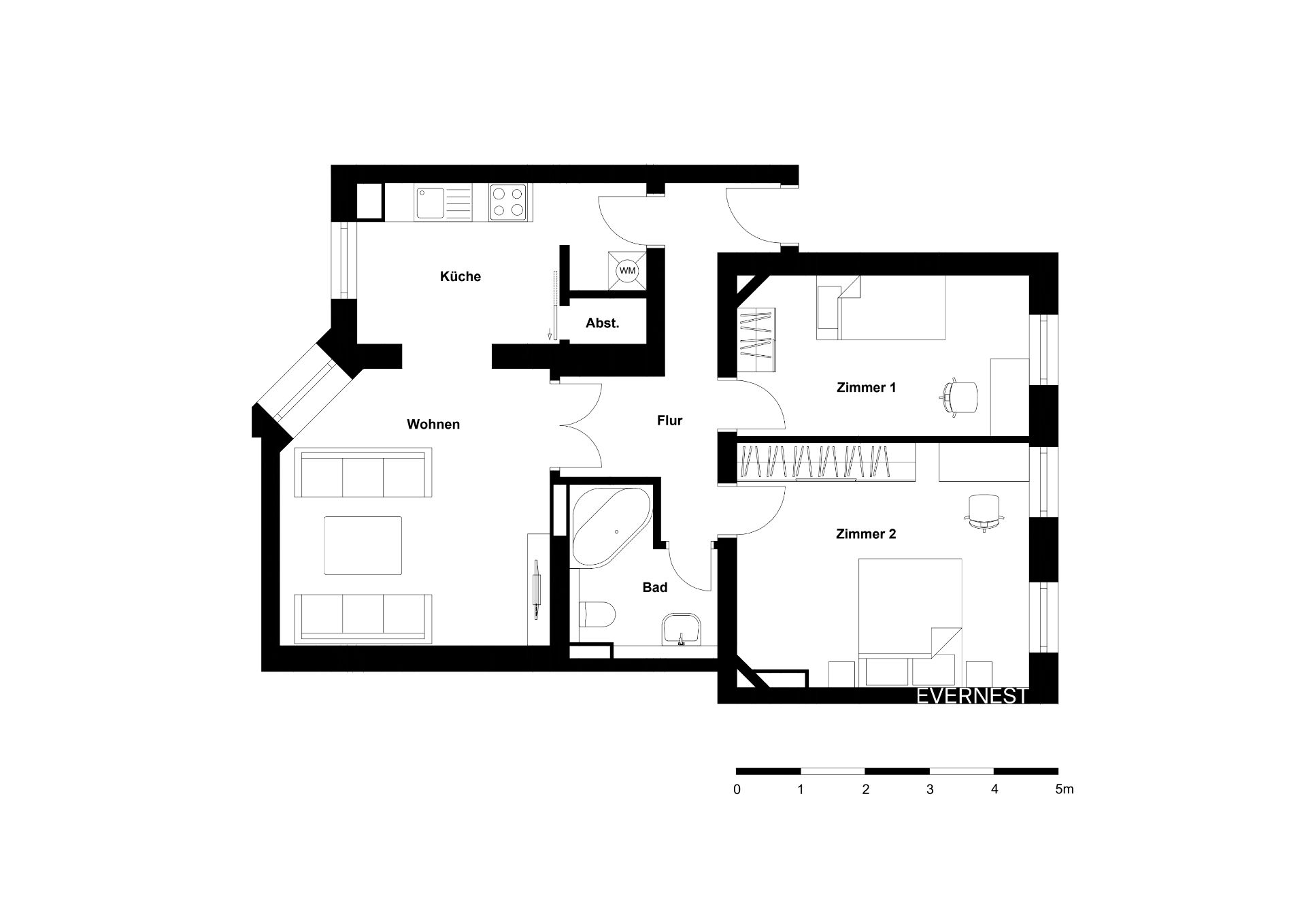 Grundriss einer Wohnung mit Wohnzimmer, Küche, zwei Zimmern, Bad, Flur und Abstellraum.